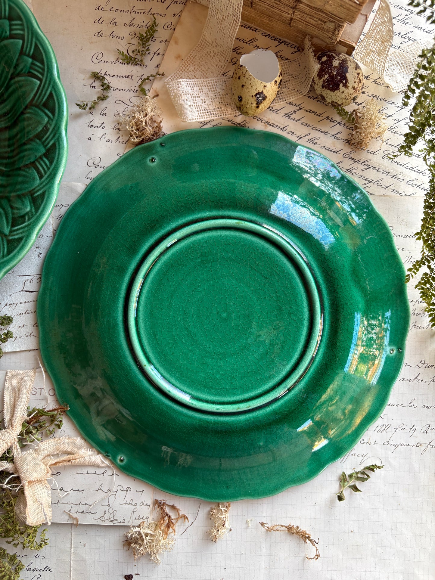 Antique Majolica Green Sunflower and Leaf Ware Plate