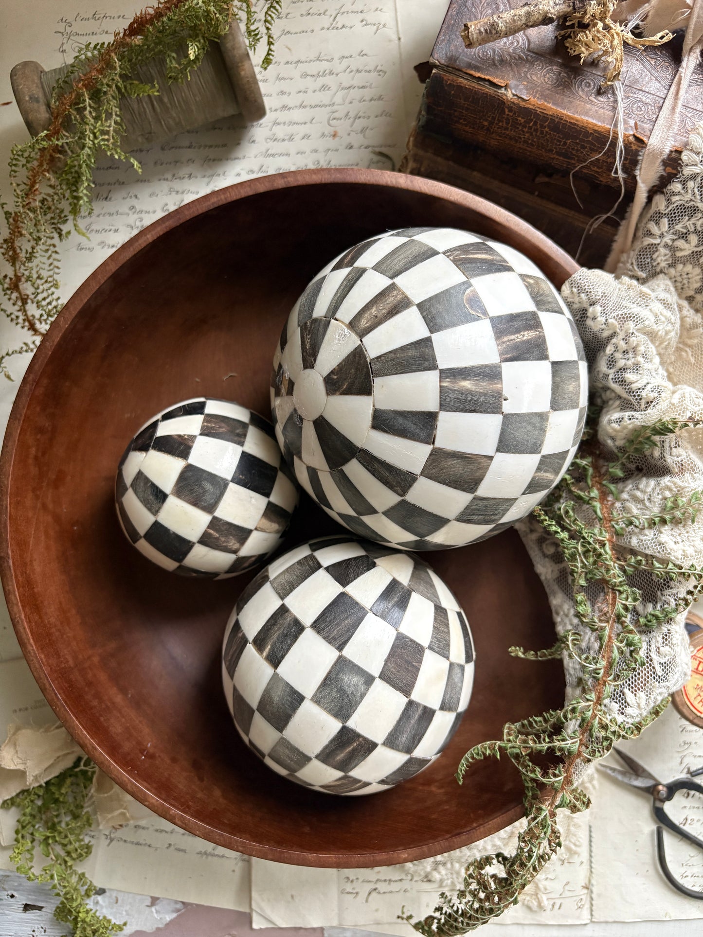 Set of Three Decorative Black & White Check Balls