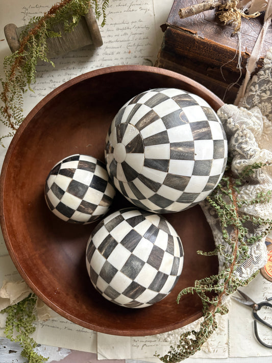 Set of Three Decorative Black & White Check Balls