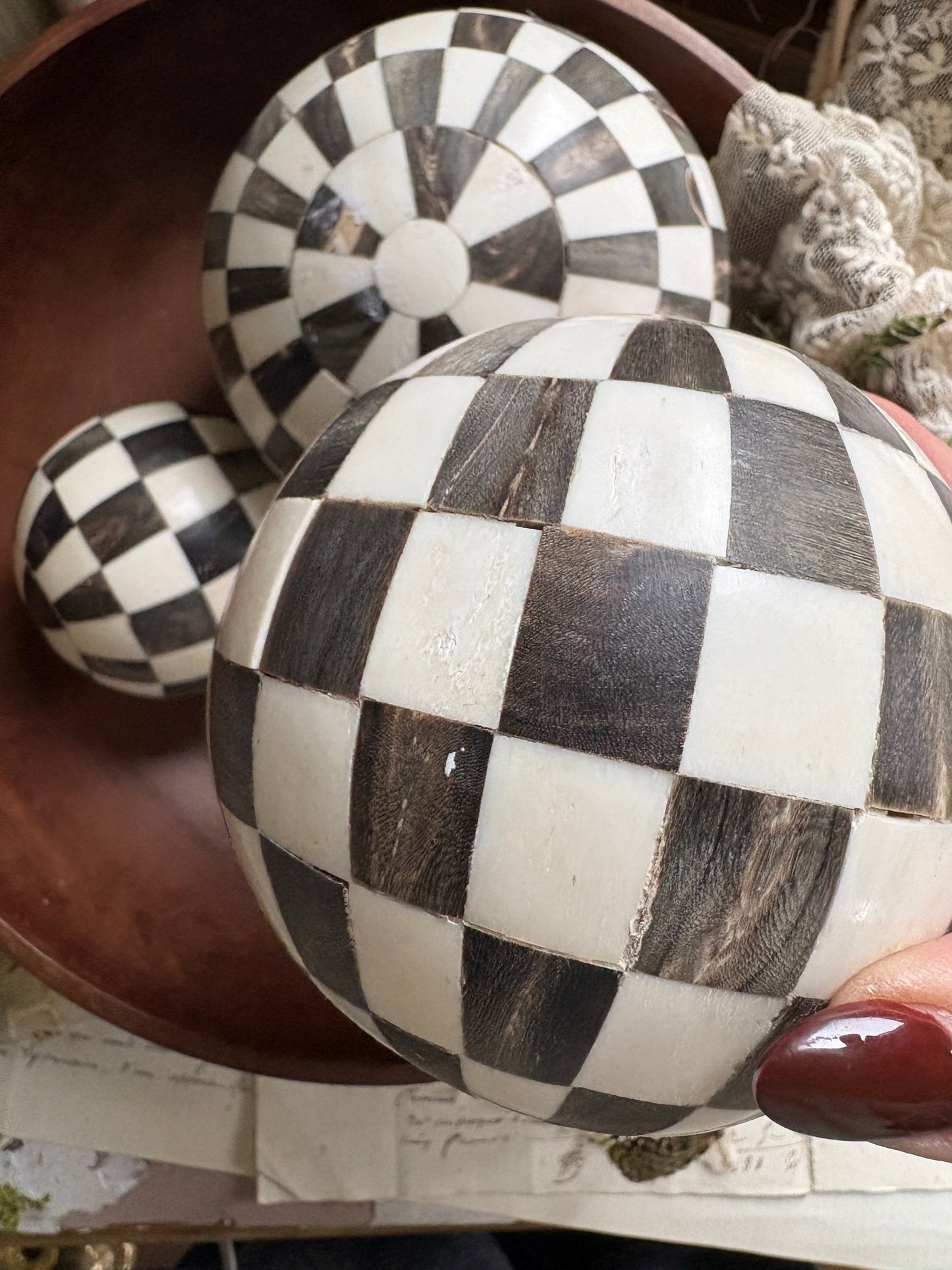 Set of Three Decorative Black & White Check Balls