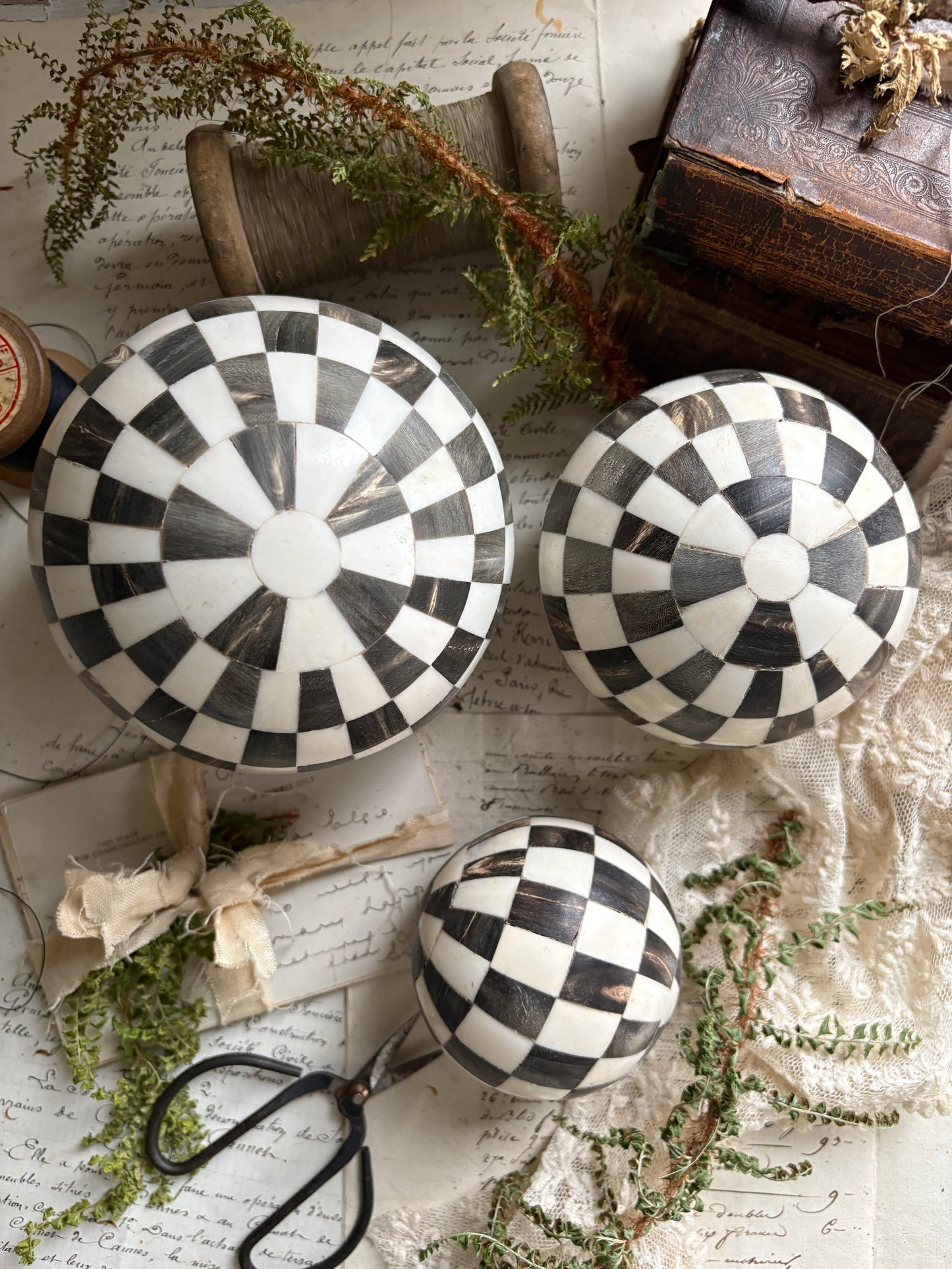 Set of Three Decorative Black & White Check Balls