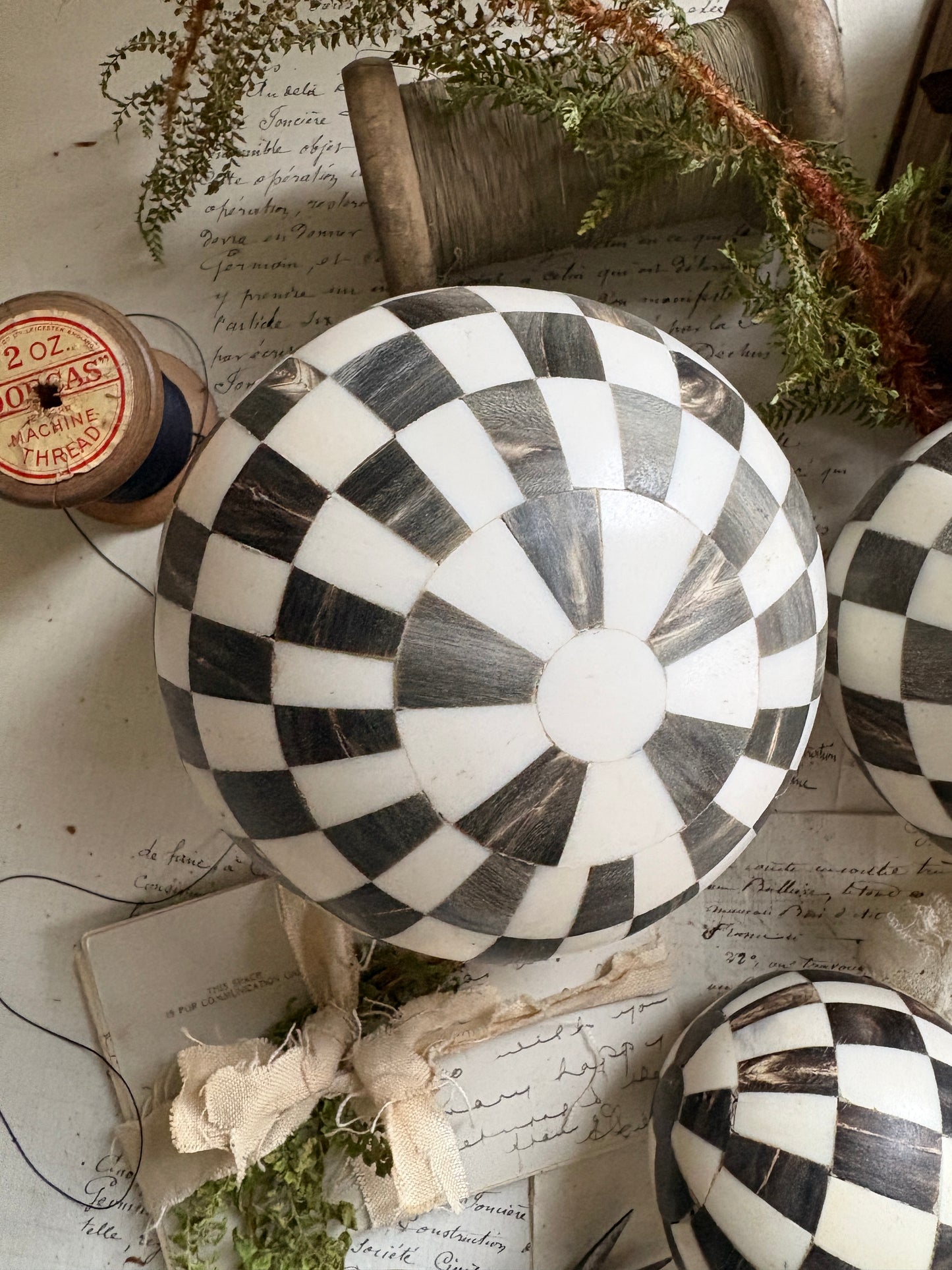 Set of Three Decorative Black & White Check Balls