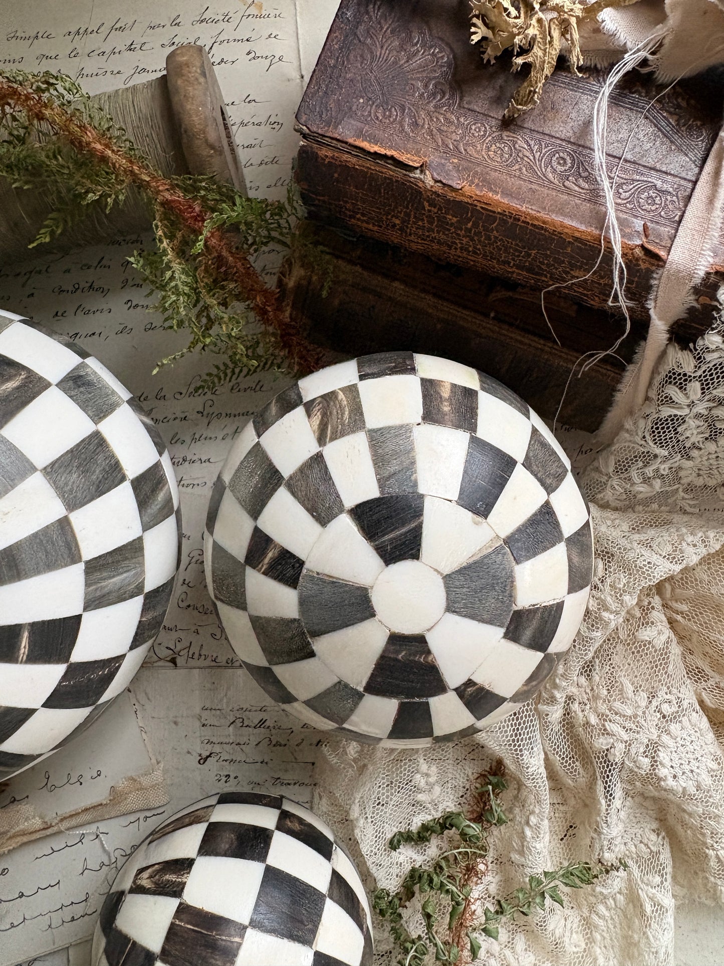 Set of Three Decorative Black & White Check Balls