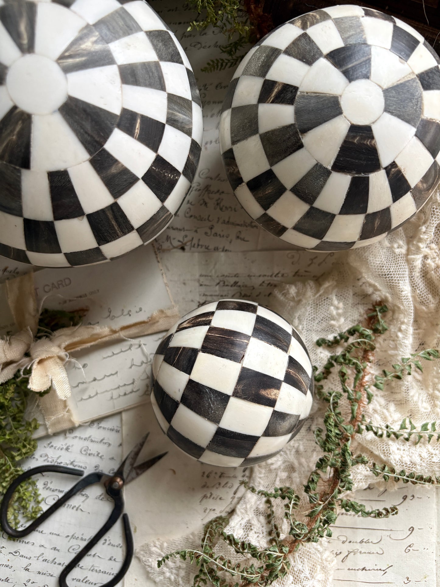 Set of Three Decorative Black & White Check Balls