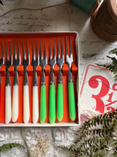 Load image into Gallery viewer, Vintage Boxed Set of Cocktail Forks – Red, White &amp; Green
