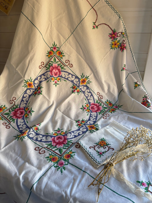 Vintage Square Embroidered Tablecloth with Six Matching Napkins