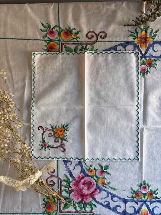 Vintage Square Embroidered Tablecloth with Six Matching Napkins