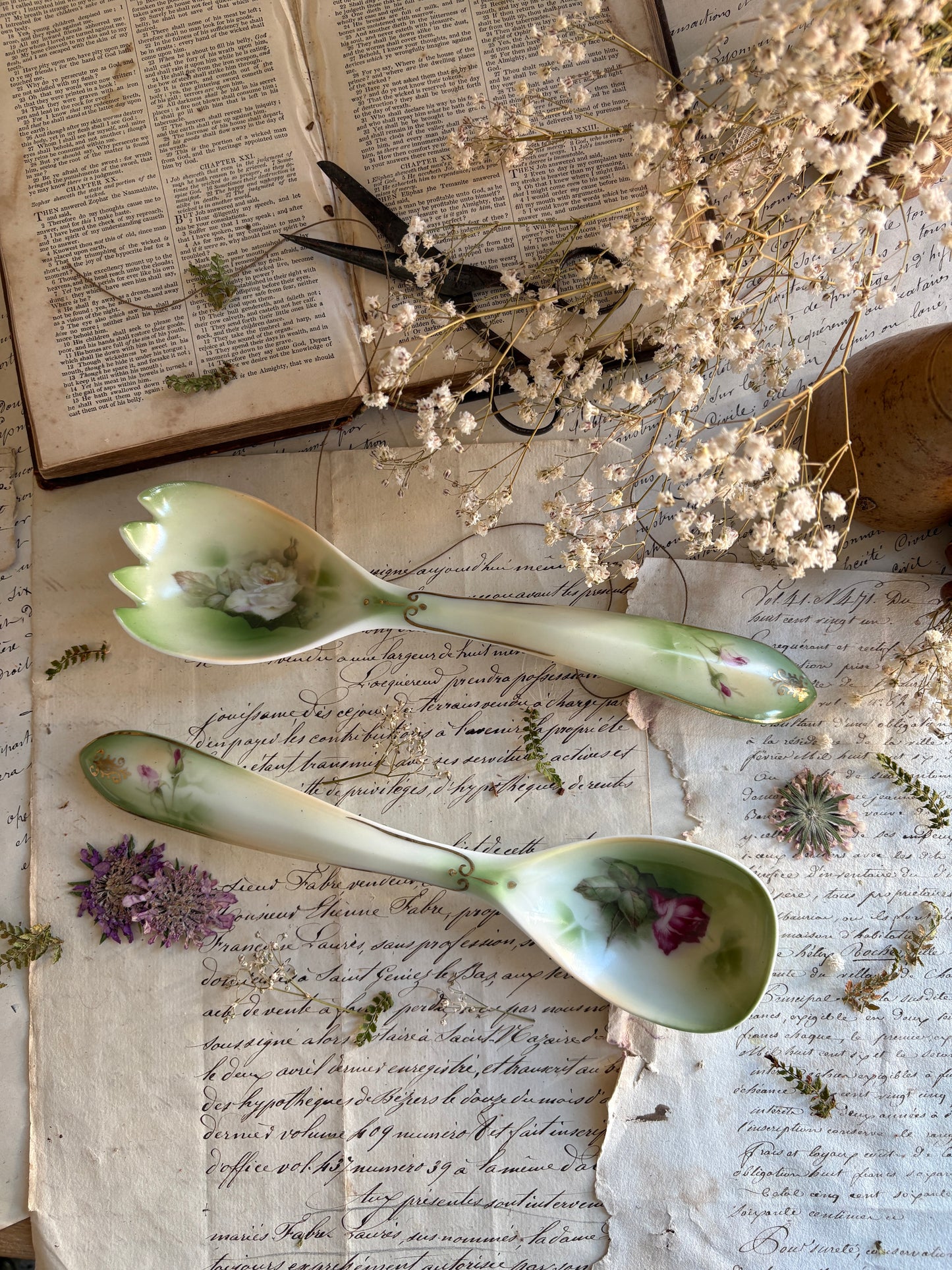 Porcelain Salad Servers with Rose Motif