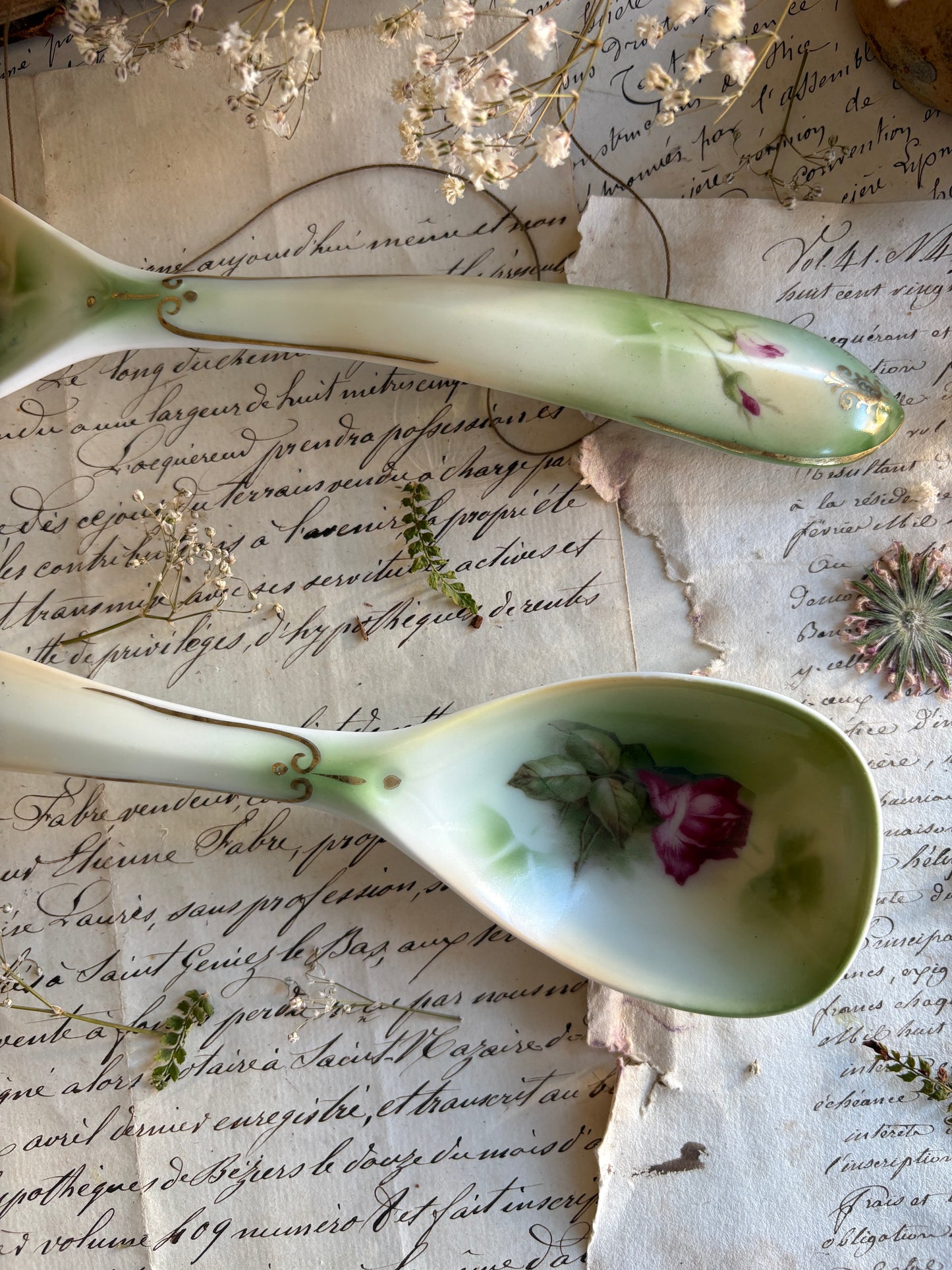 Porcelain Salad Servers with Rose Motif