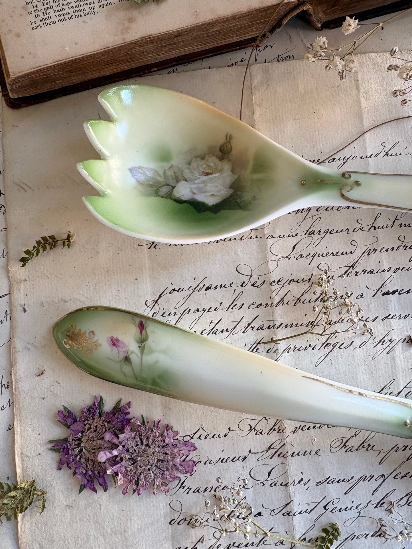 Porcelain Salad Servers with Rose Motif
