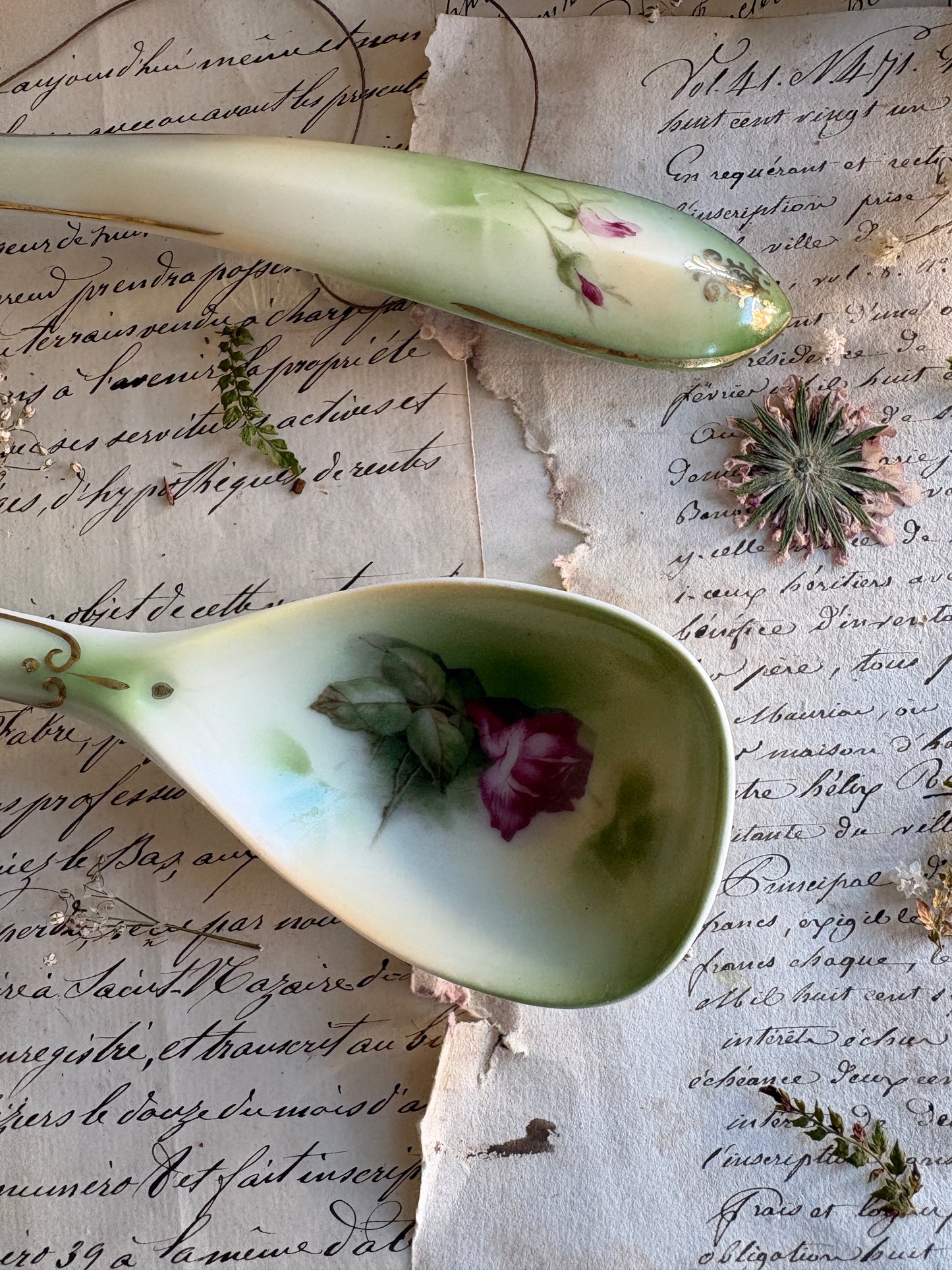Porcelain Salad Servers with Rose Motif
