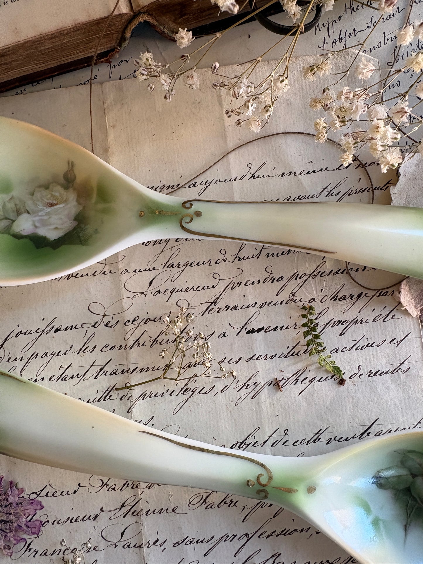 Porcelain Salad Servers with Rose Motif