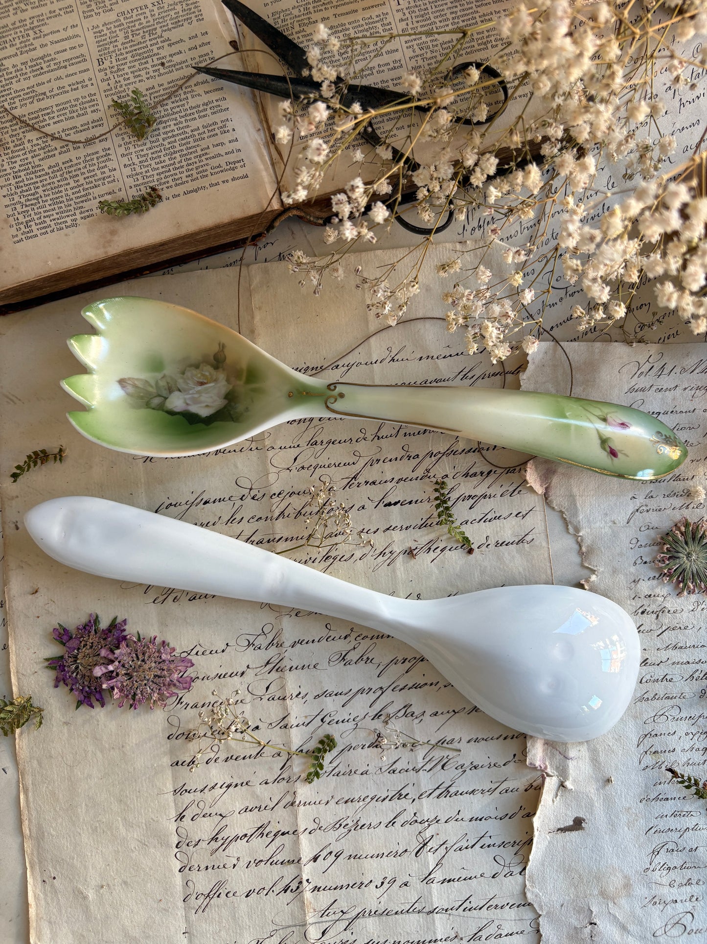 Porcelain Salad Servers with Rose Motif
