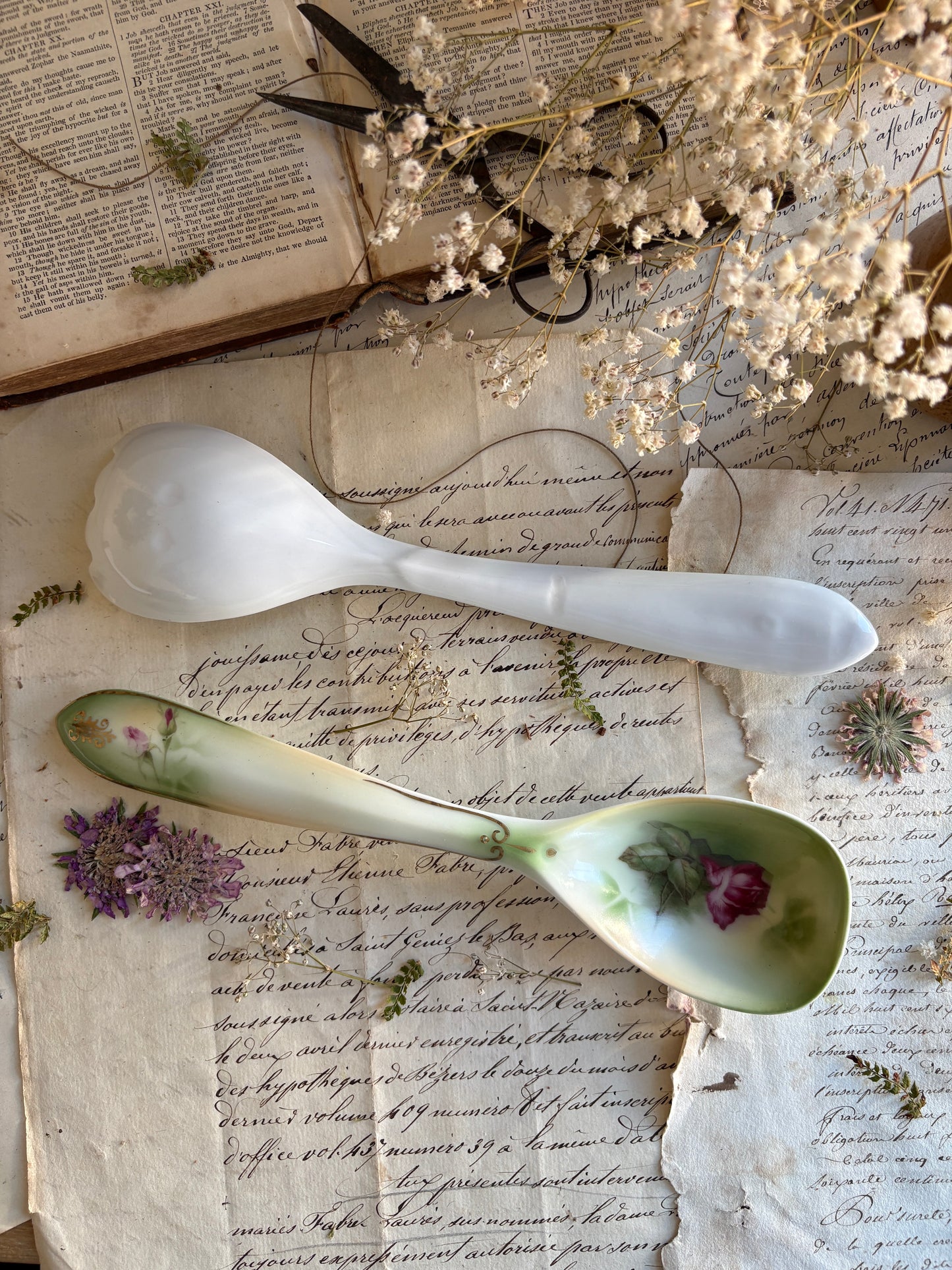 Porcelain Salad Servers with Rose Motif