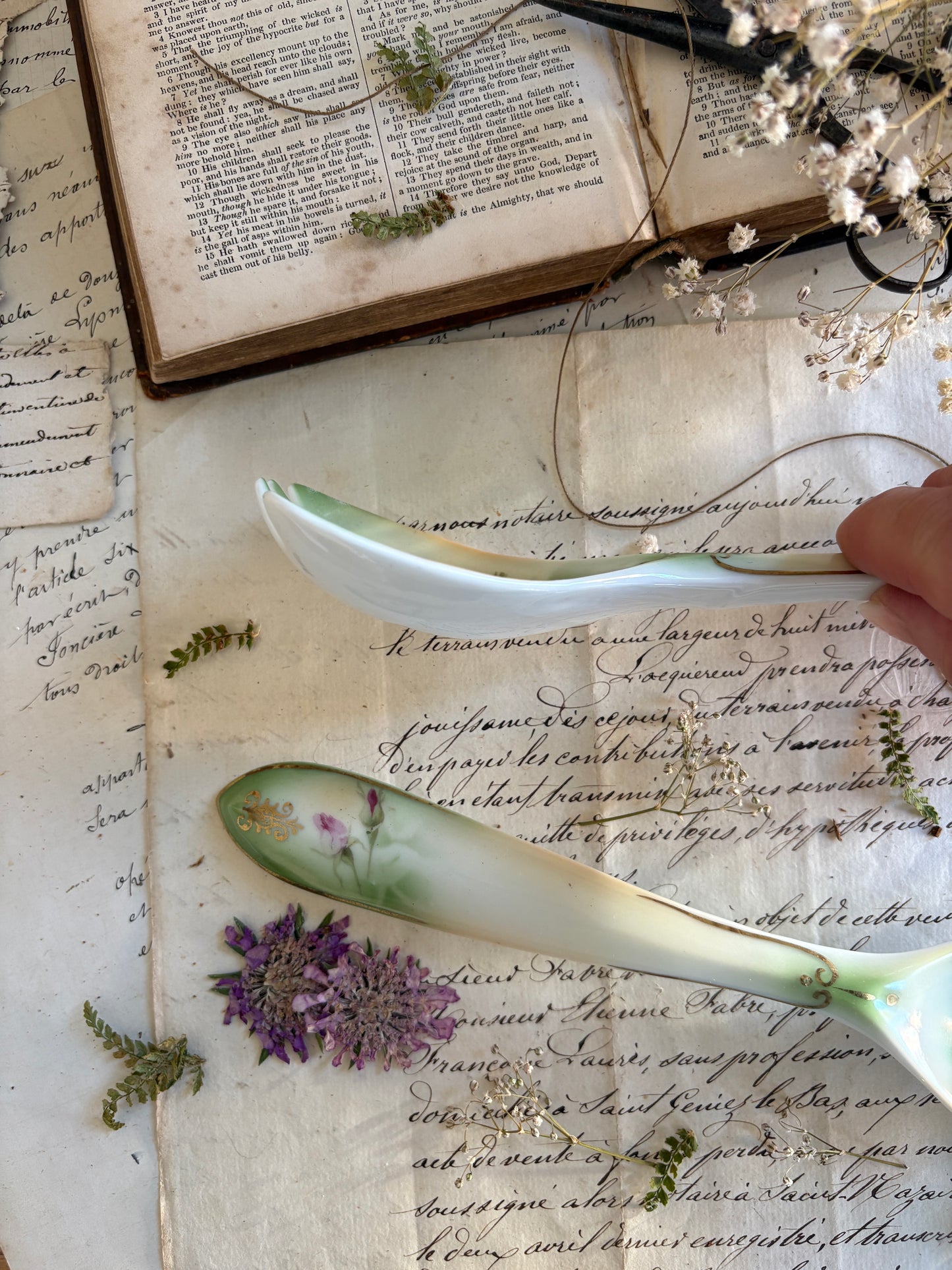 Porcelain Salad Servers with Rose Motif