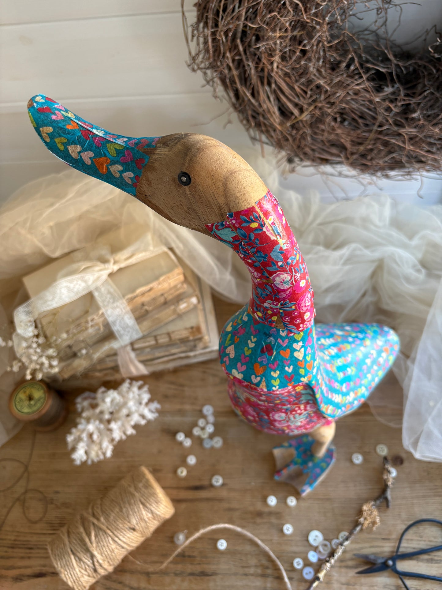 Hand-Carved Wooden Duck Floral Decoupage Design