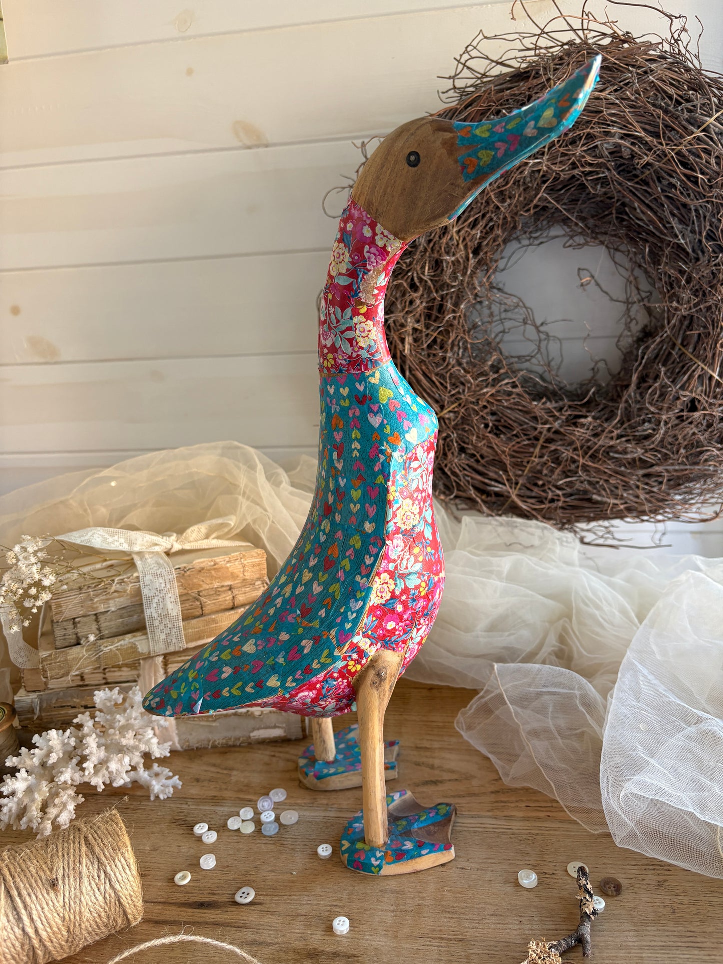 Hand-Carved Wooden Duck Floral Decoupage Design