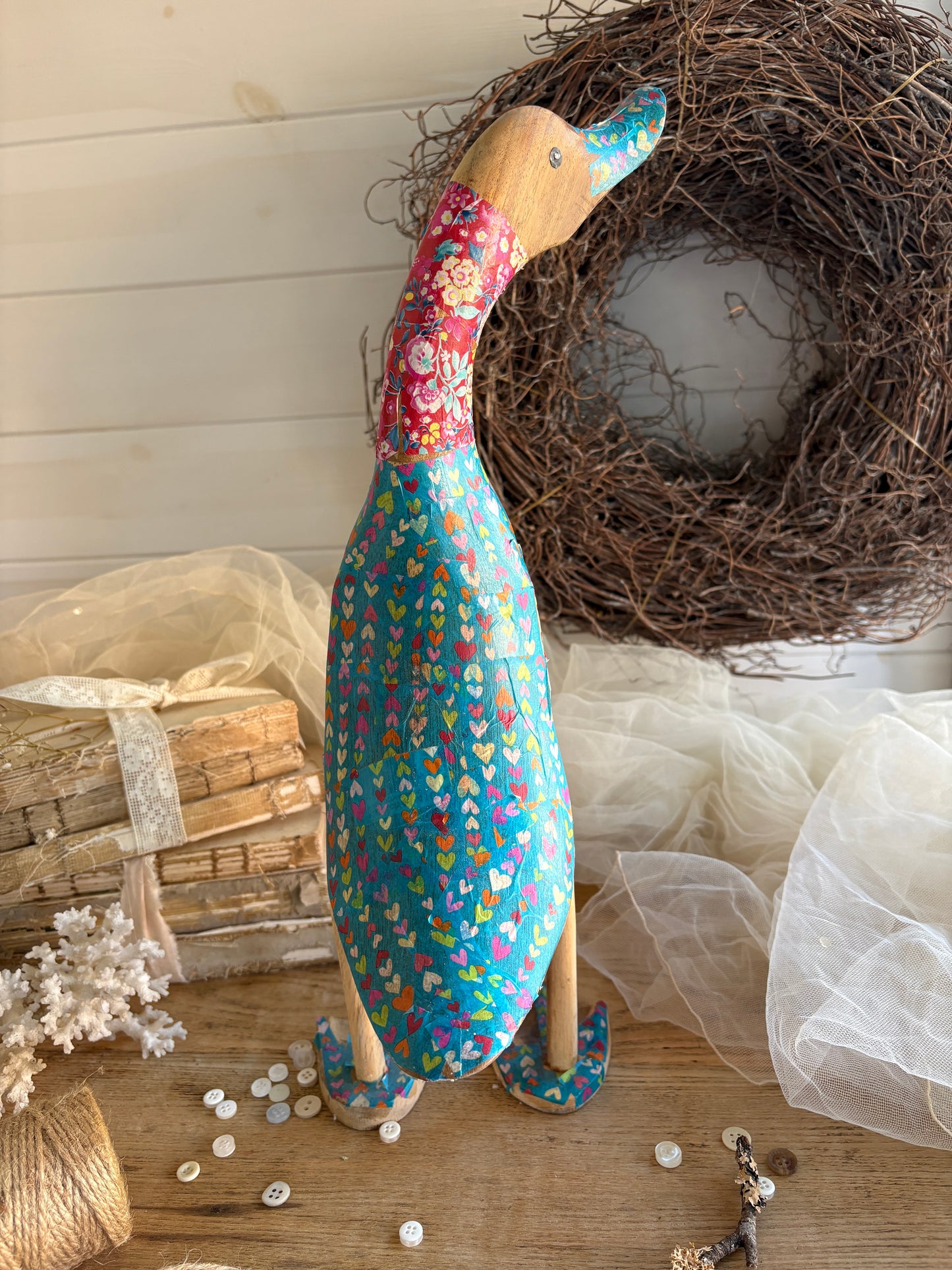 Hand-Carved Wooden Duck Floral Decoupage Design
