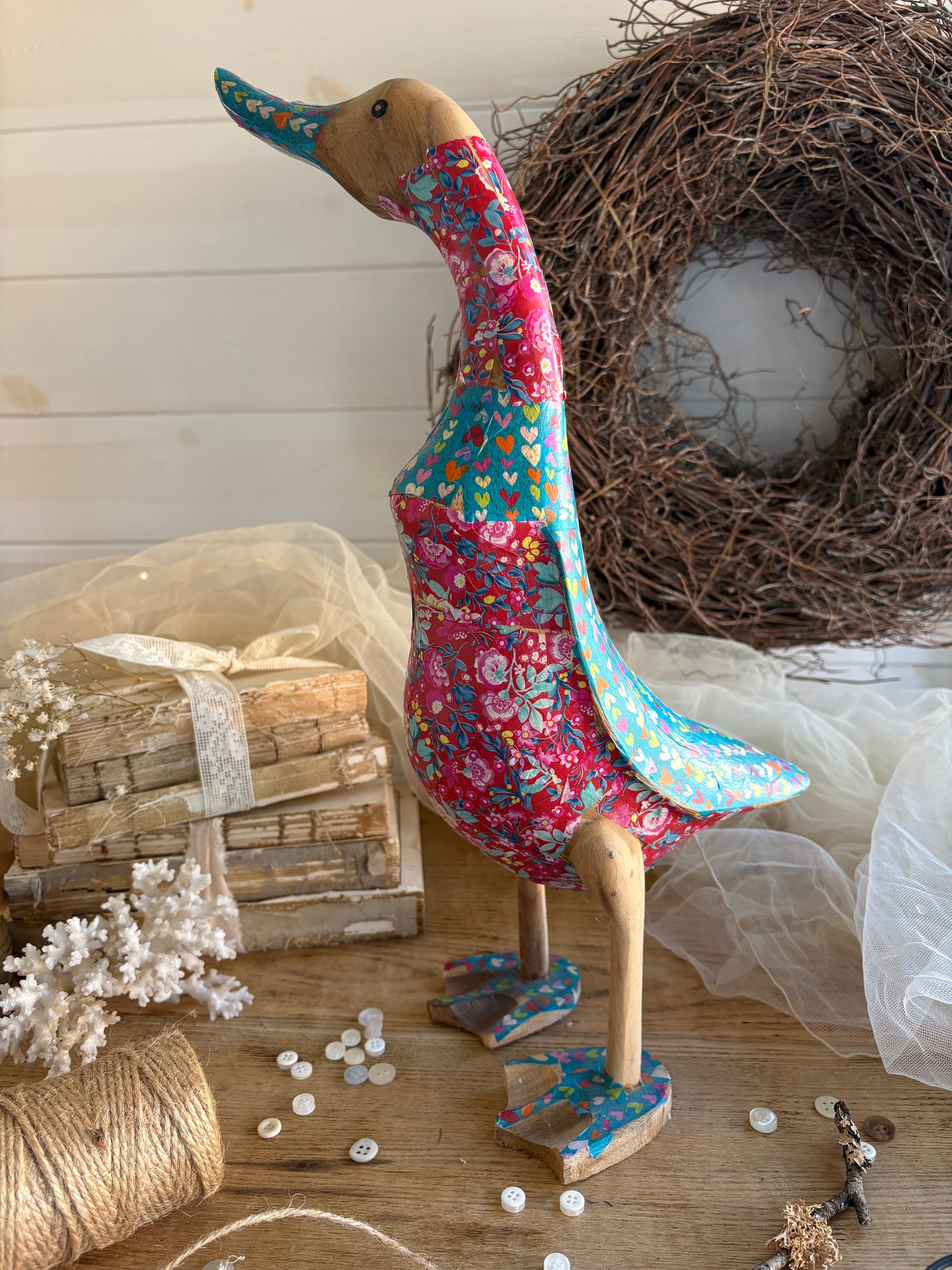 Hand-Carved Wooden Duck Floral Decoupage Design