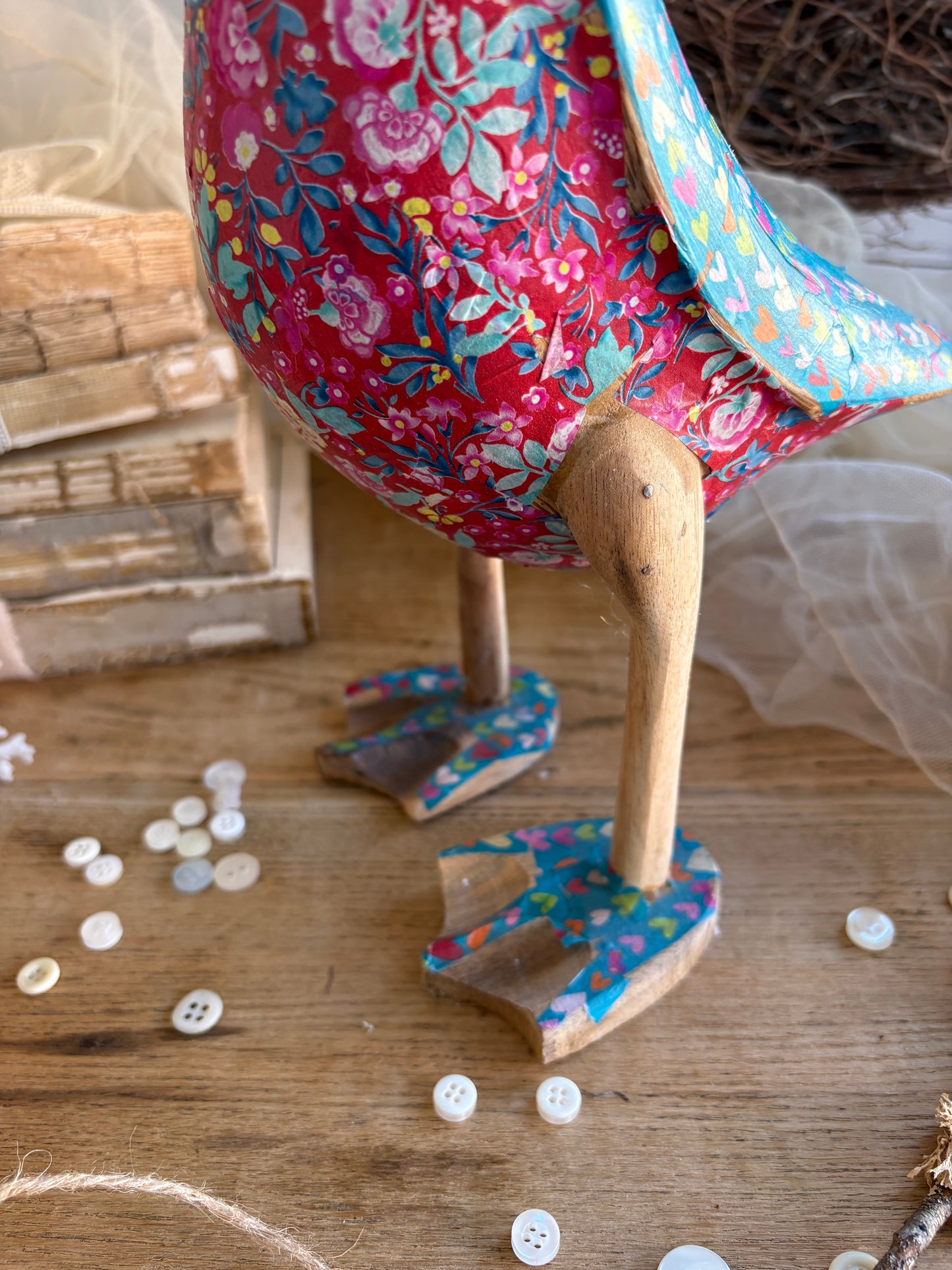 Hand-Carved Wooden Duck Floral Decoupage Design