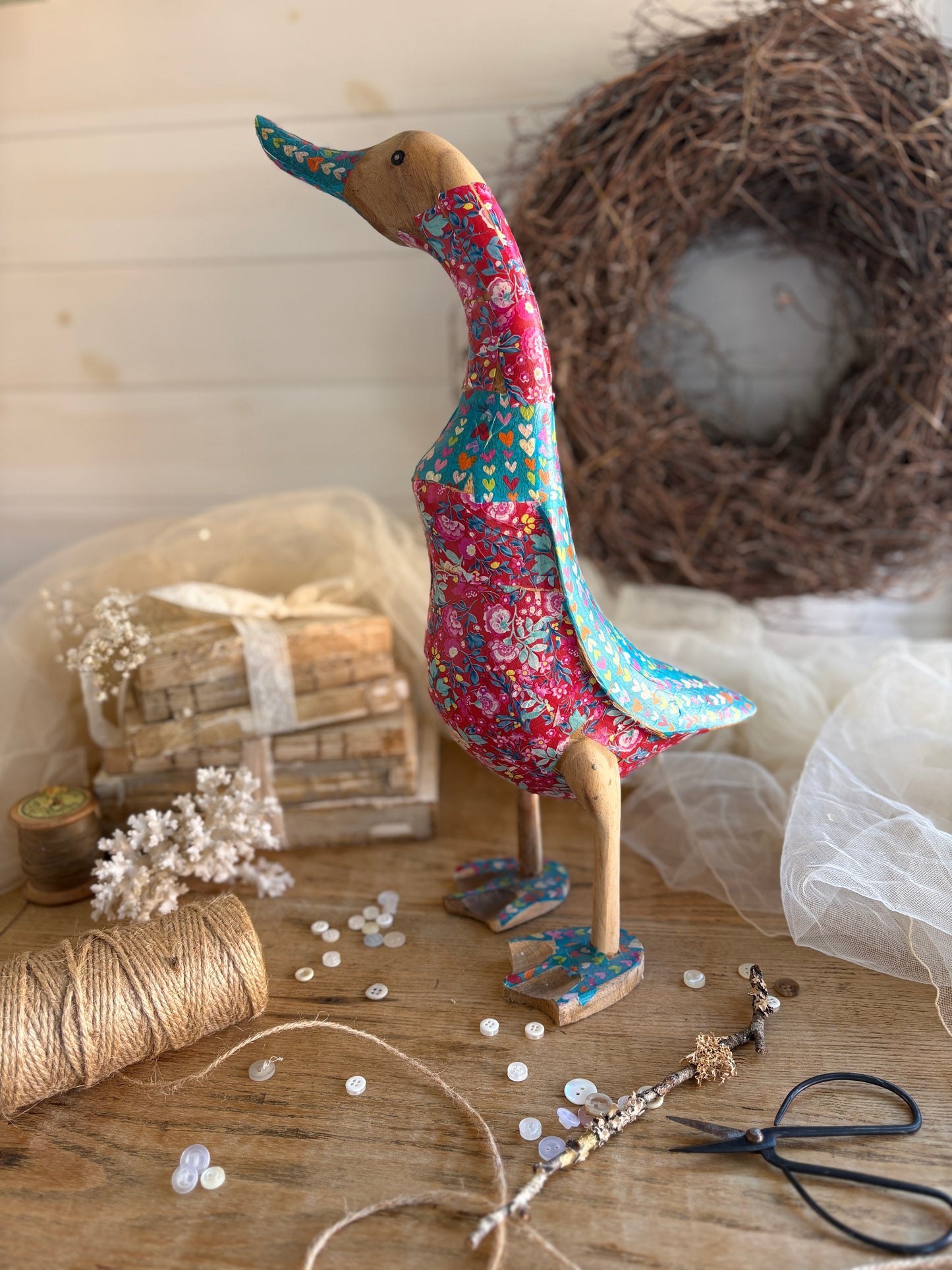 Hand-Carved Wooden Duck Floral Decoupage Design