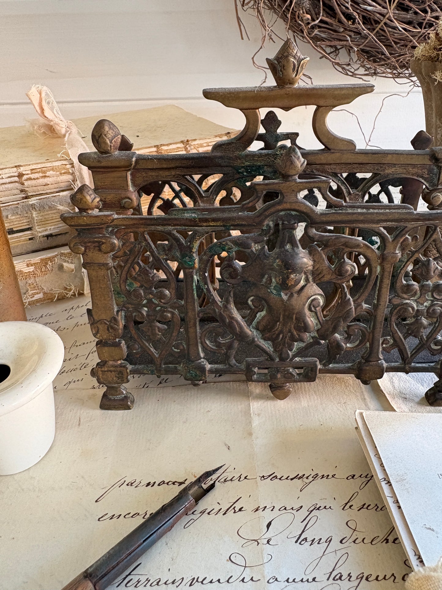 Antique French Rococo Cast Brass Letter Rack with Cherubs