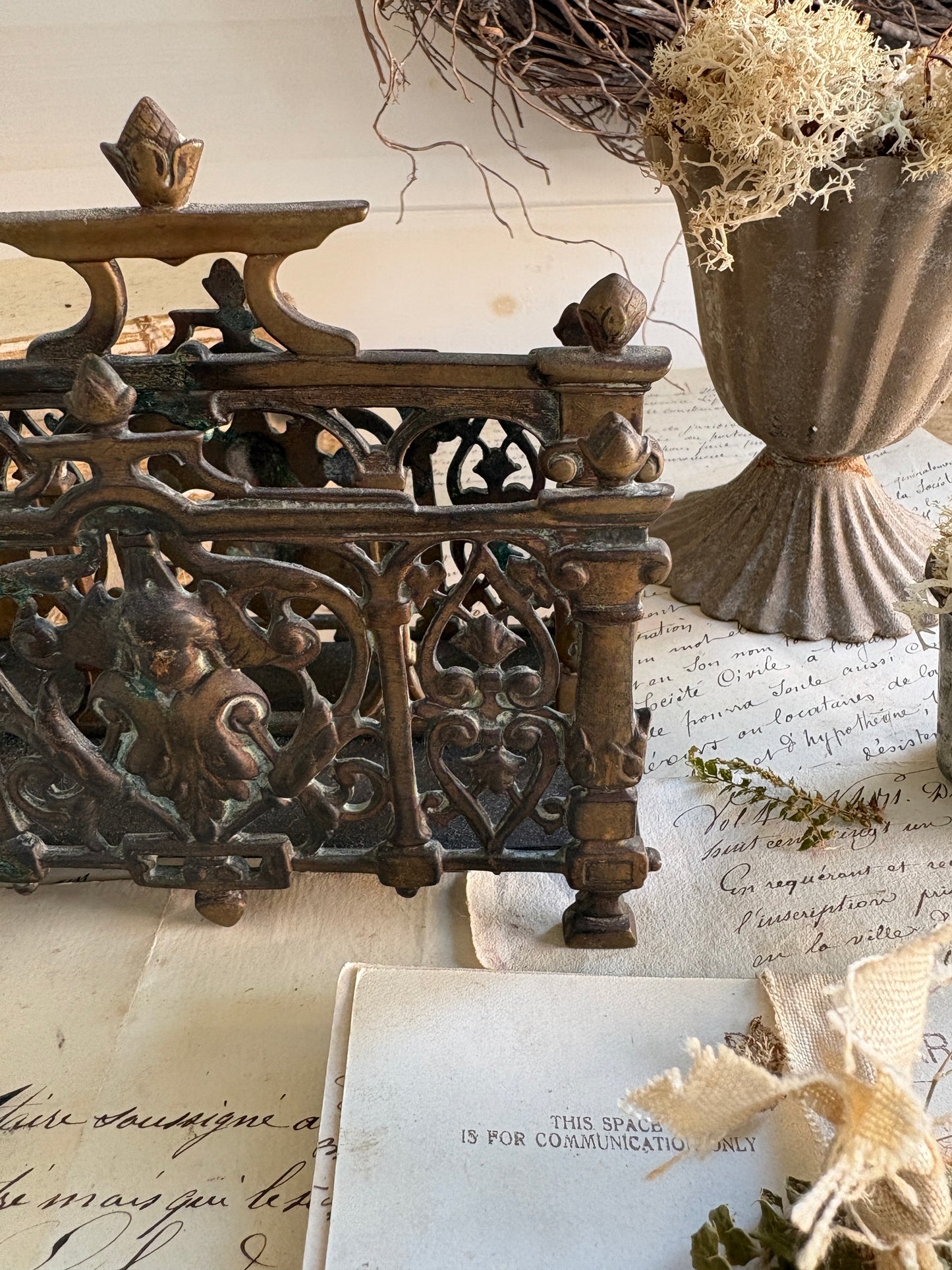 Antique French Rococo Cast Brass Letter Rack with Cherubs