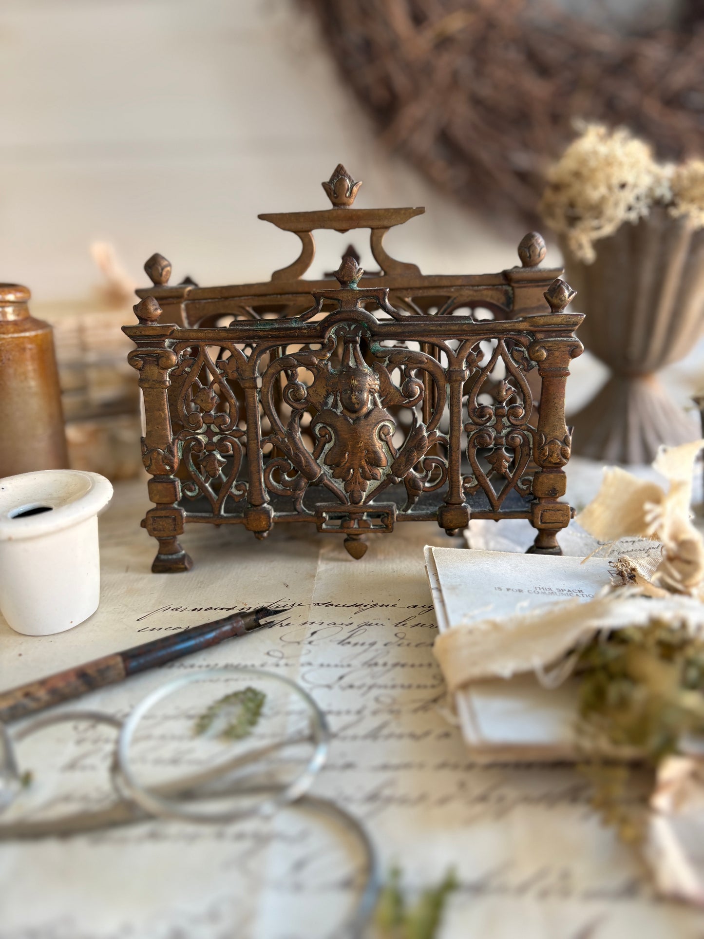Antique French Rococo Cast Brass Letter Rack with Cherubs