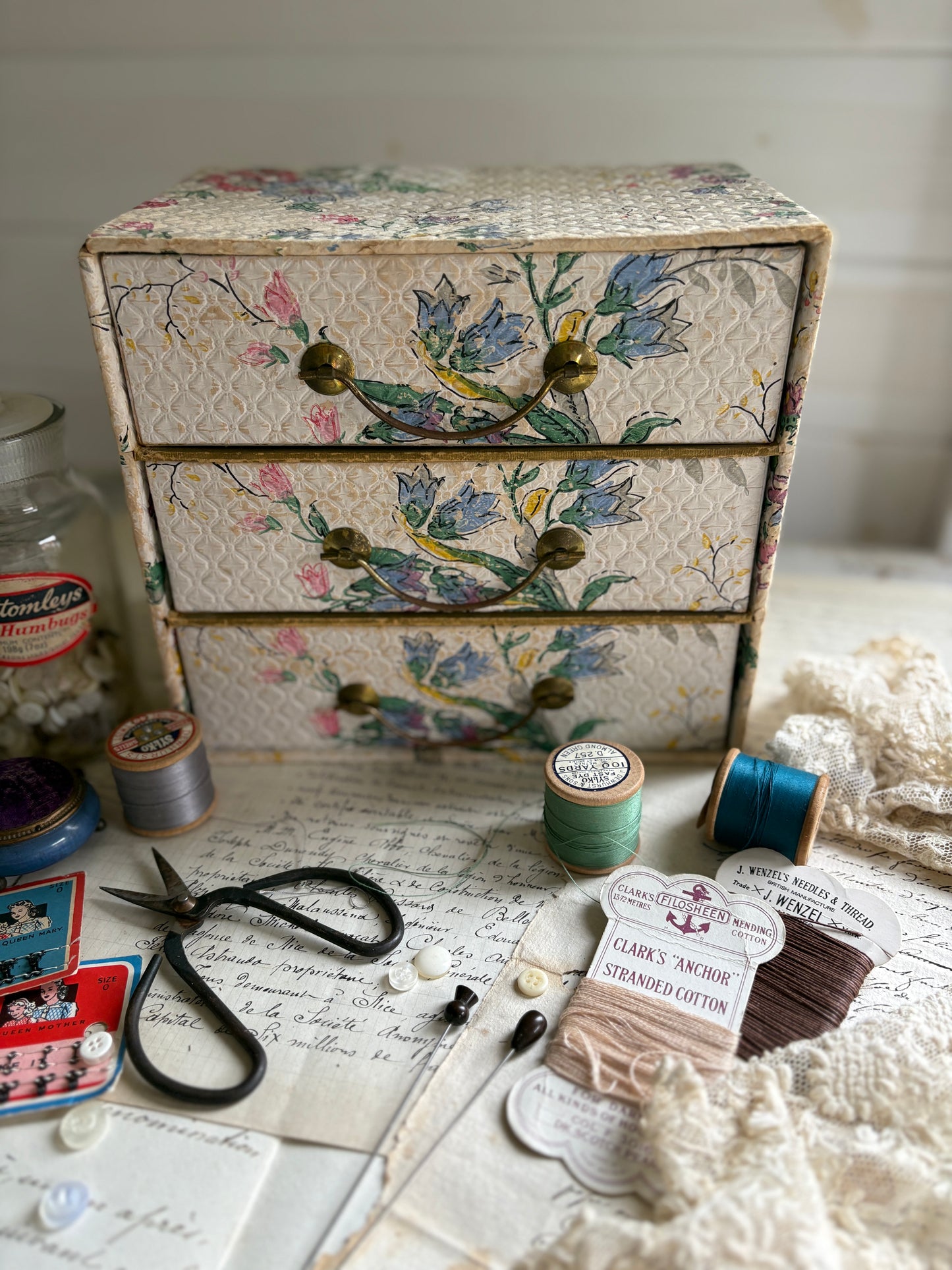 Vintage Tabletop Floral Paper-Covered Drawer Set – Mid-Century