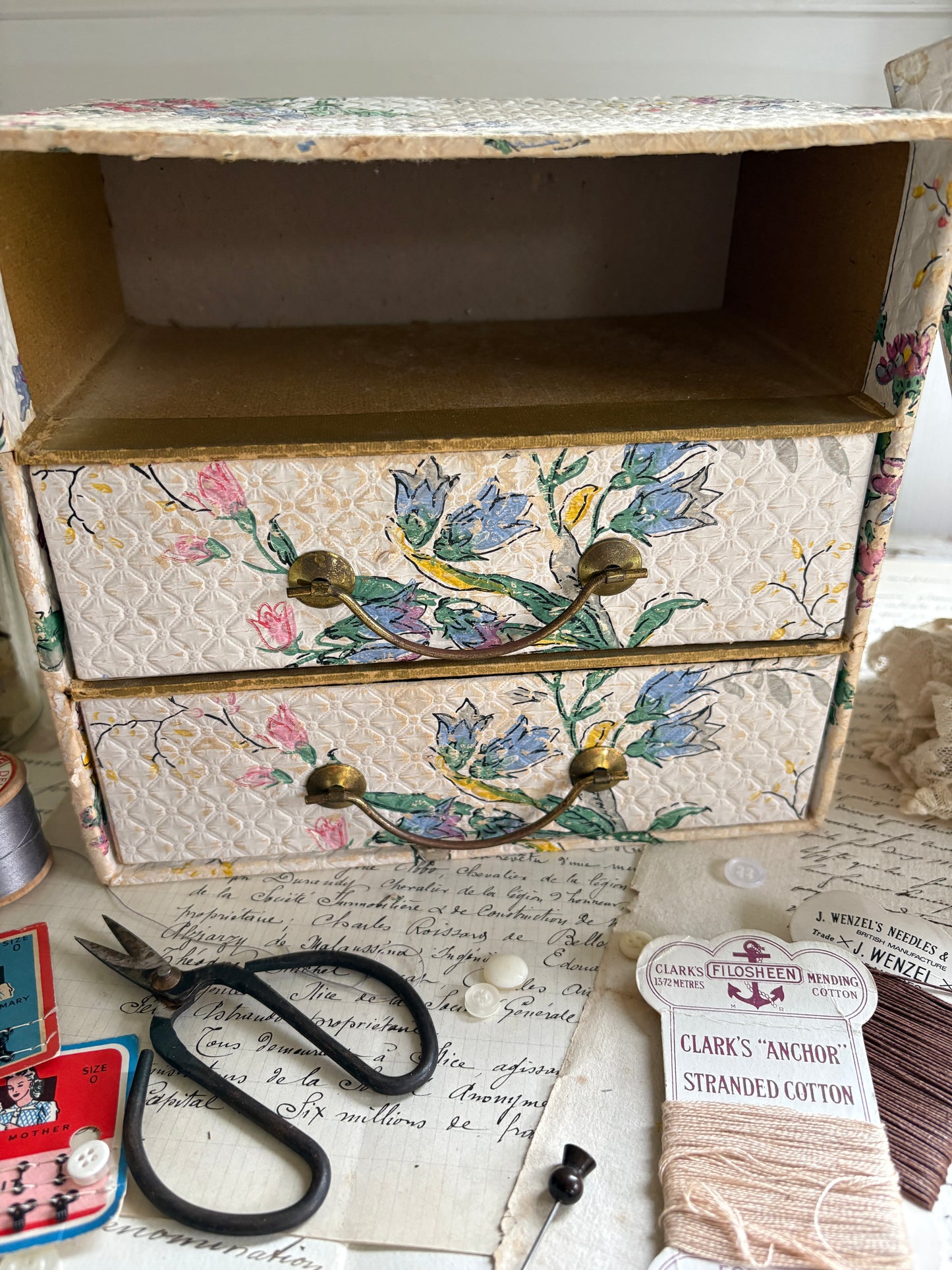 Vintage Tabletop Floral Paper-Covered Drawer Set – Mid-Century