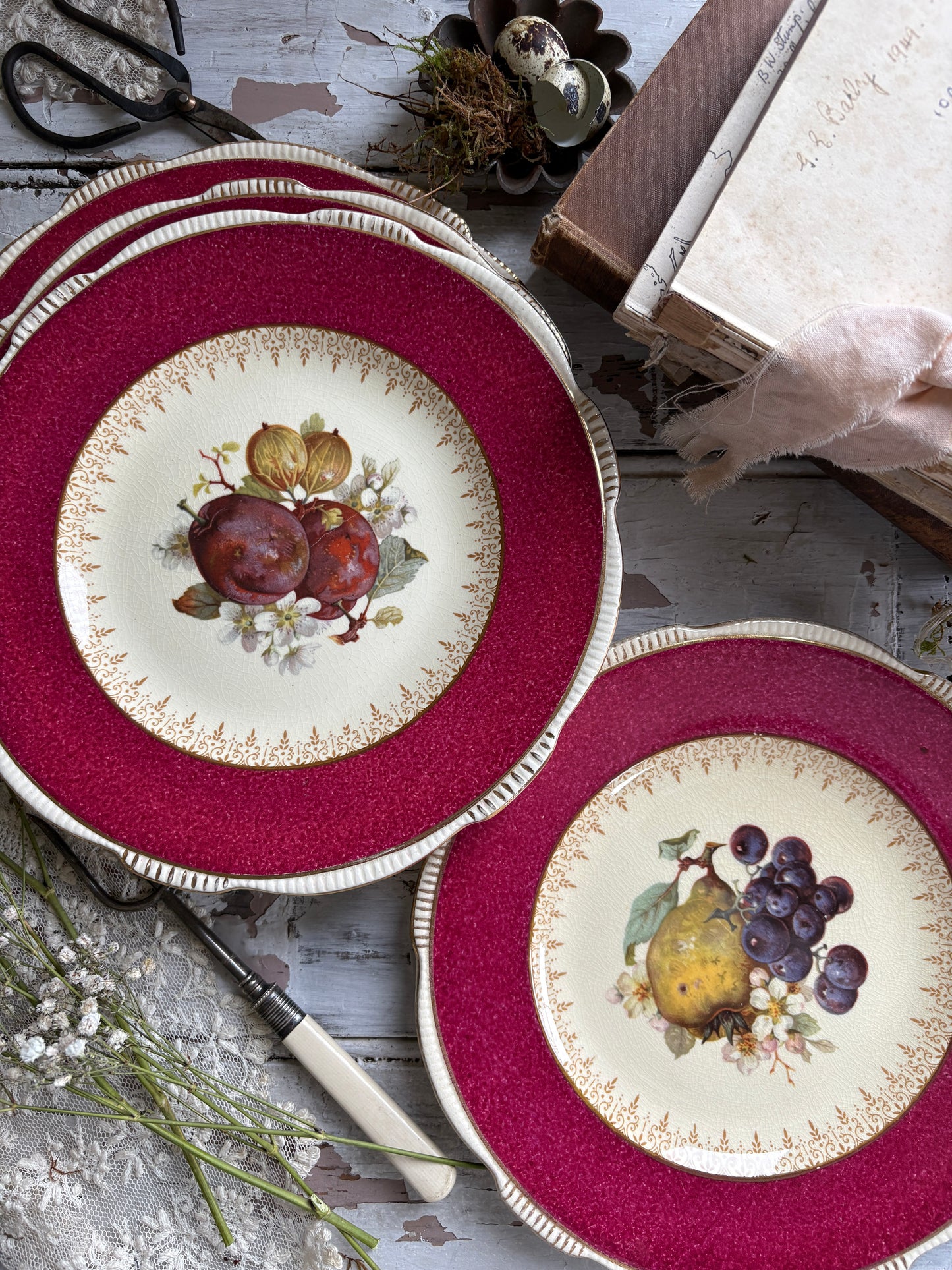 Antique Burleigh Ware Dinner Plates with Fruit Designs