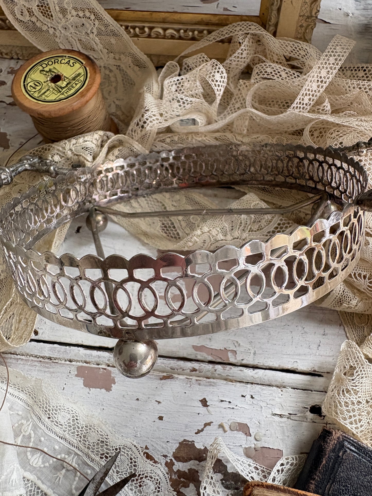 Vintage Cut Glass Relish Dish with Ornate Metal Handles