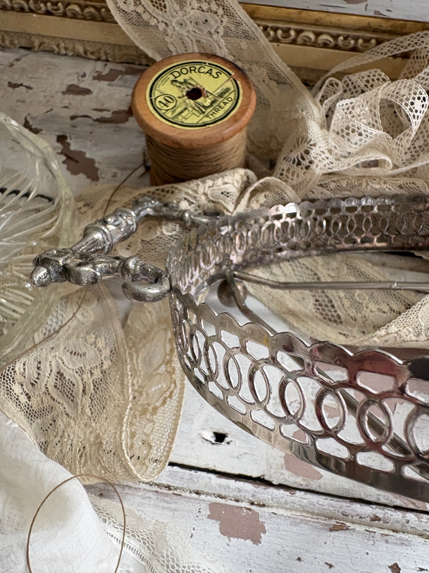 Vintage Cut Glass Relish Dish with Ornate Metal Handles