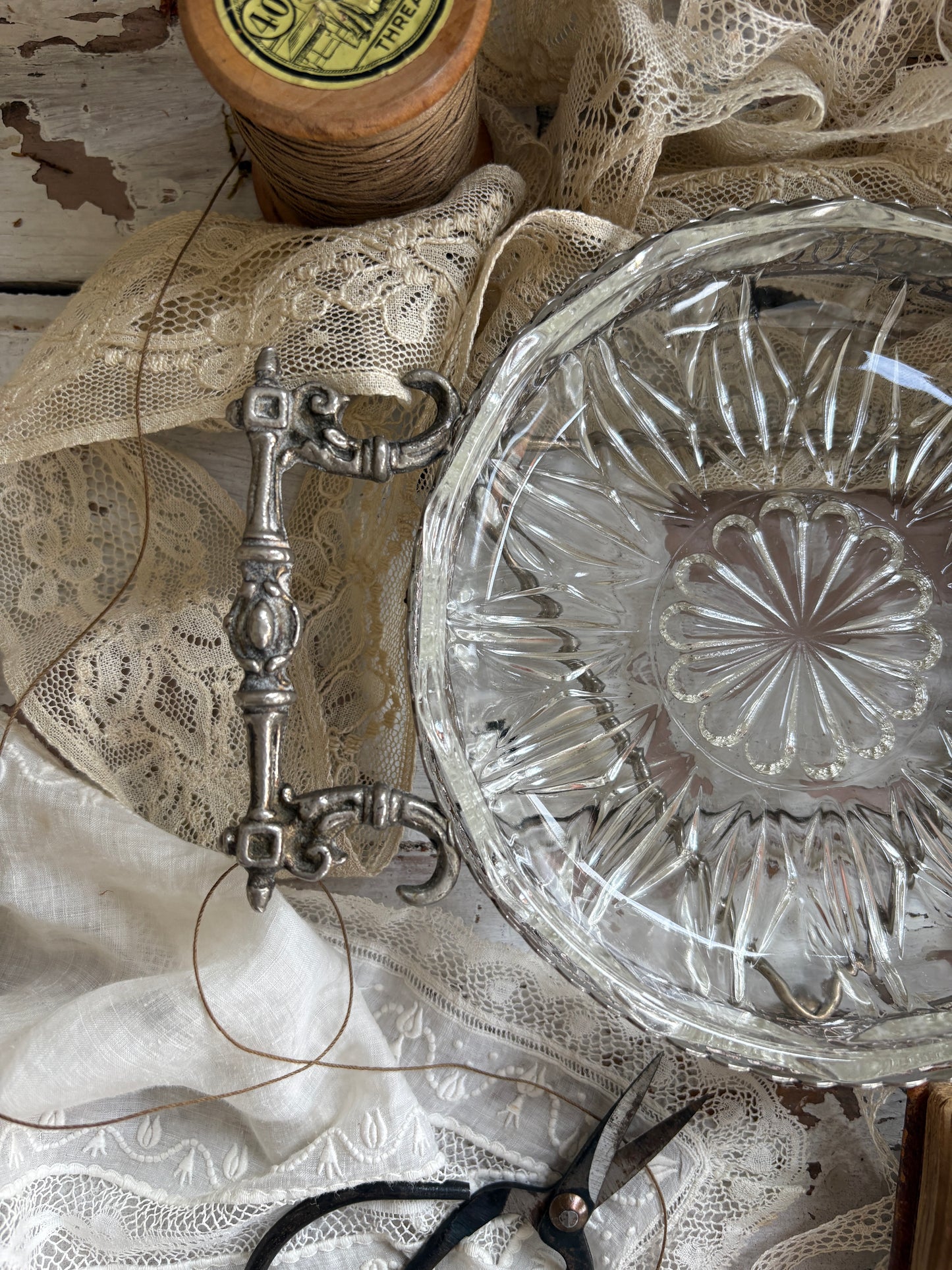 Vintage Cut Glass Relish Dish with Ornate Metal Handles