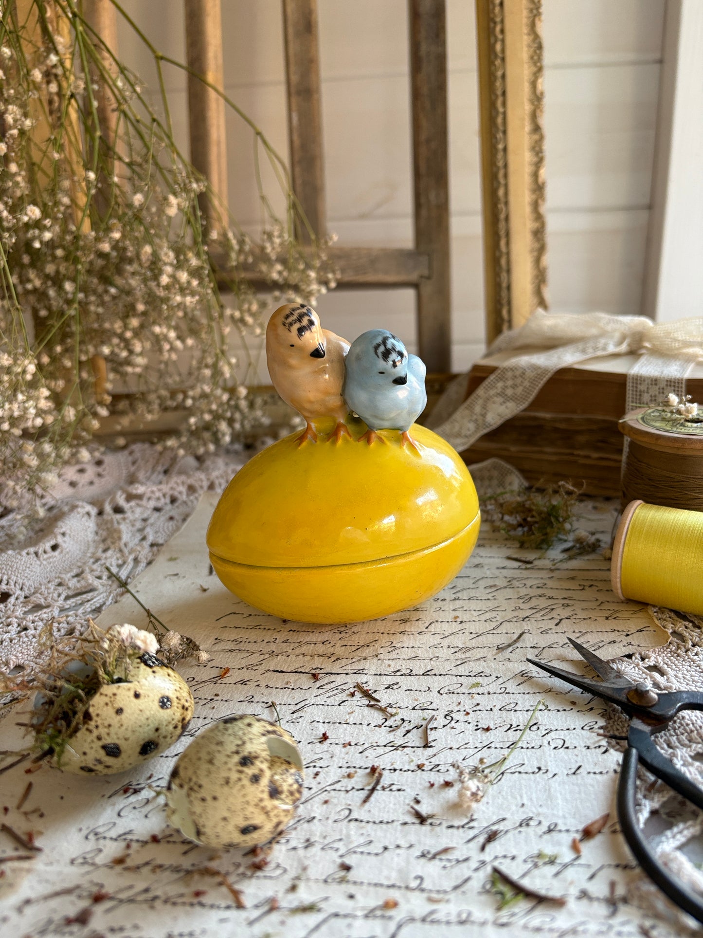 Vintage Yellow Glazed Ceramic Egg Lidded Trinket Box