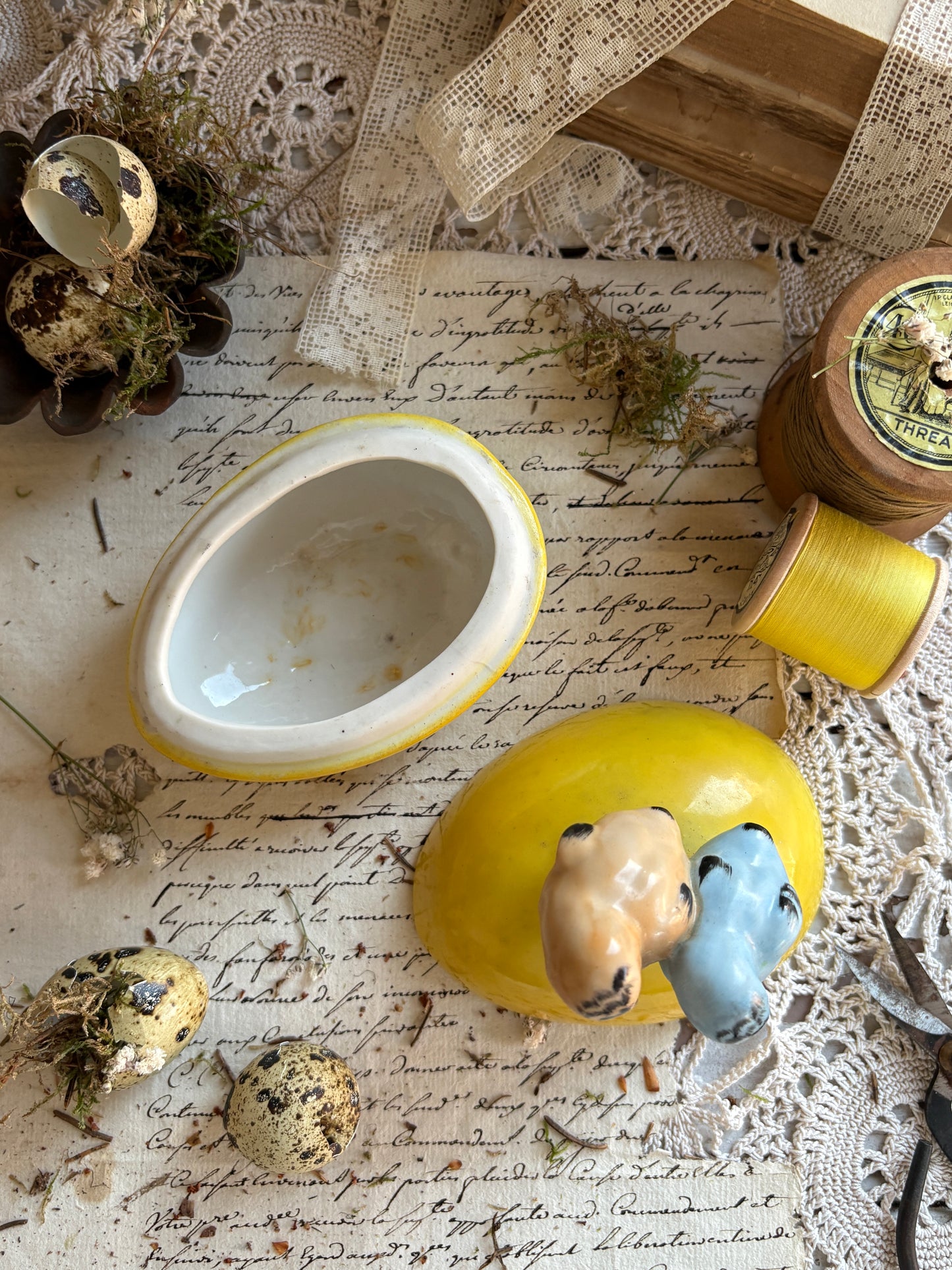 Vintage Yellow Glazed Ceramic Egg Lidded Trinket Box