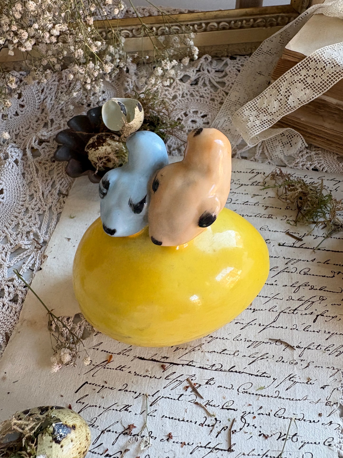 Vintage Yellow Glazed Ceramic Egg Lidded Trinket Box