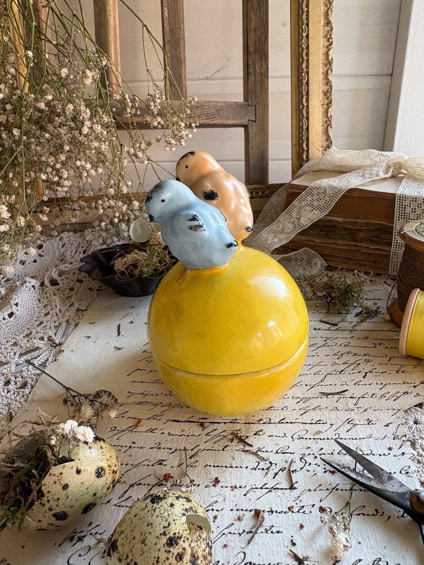 Vintage Yellow Glazed Ceramic Egg Lidded Trinket Box