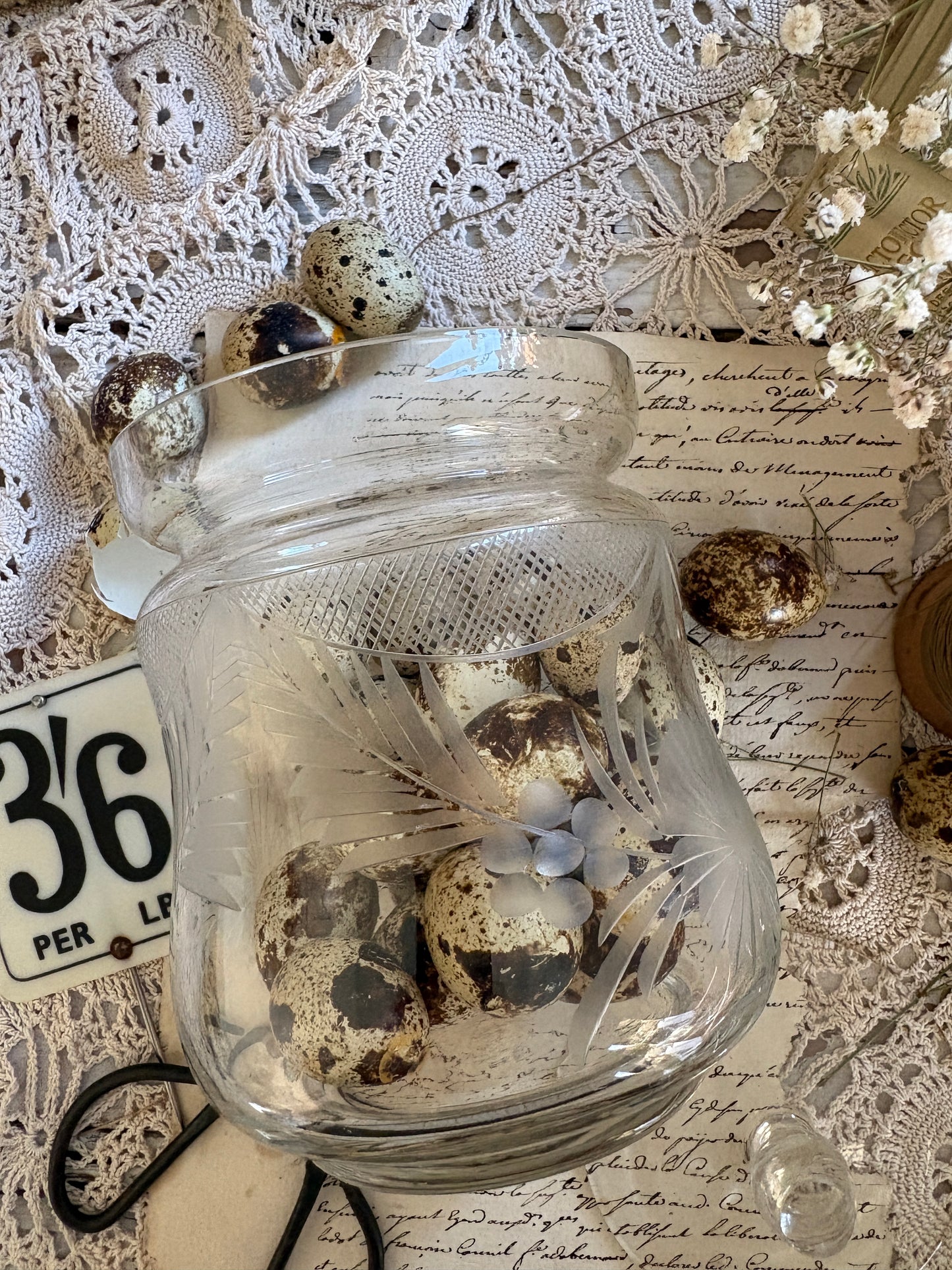Vintage Etched Glass Lidded Biscuit Barrel
