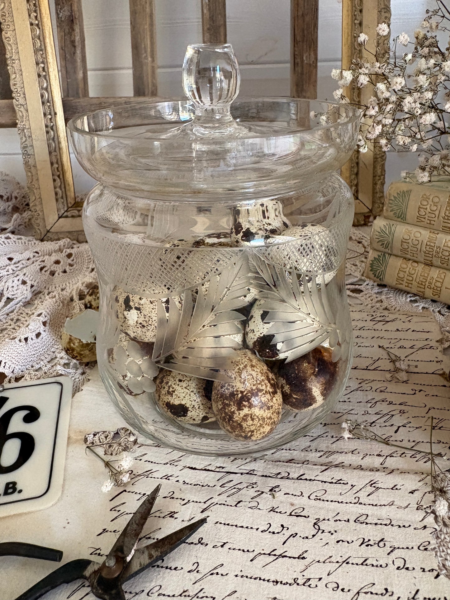 Vintage Etched Glass Lidded Biscuit Barrel