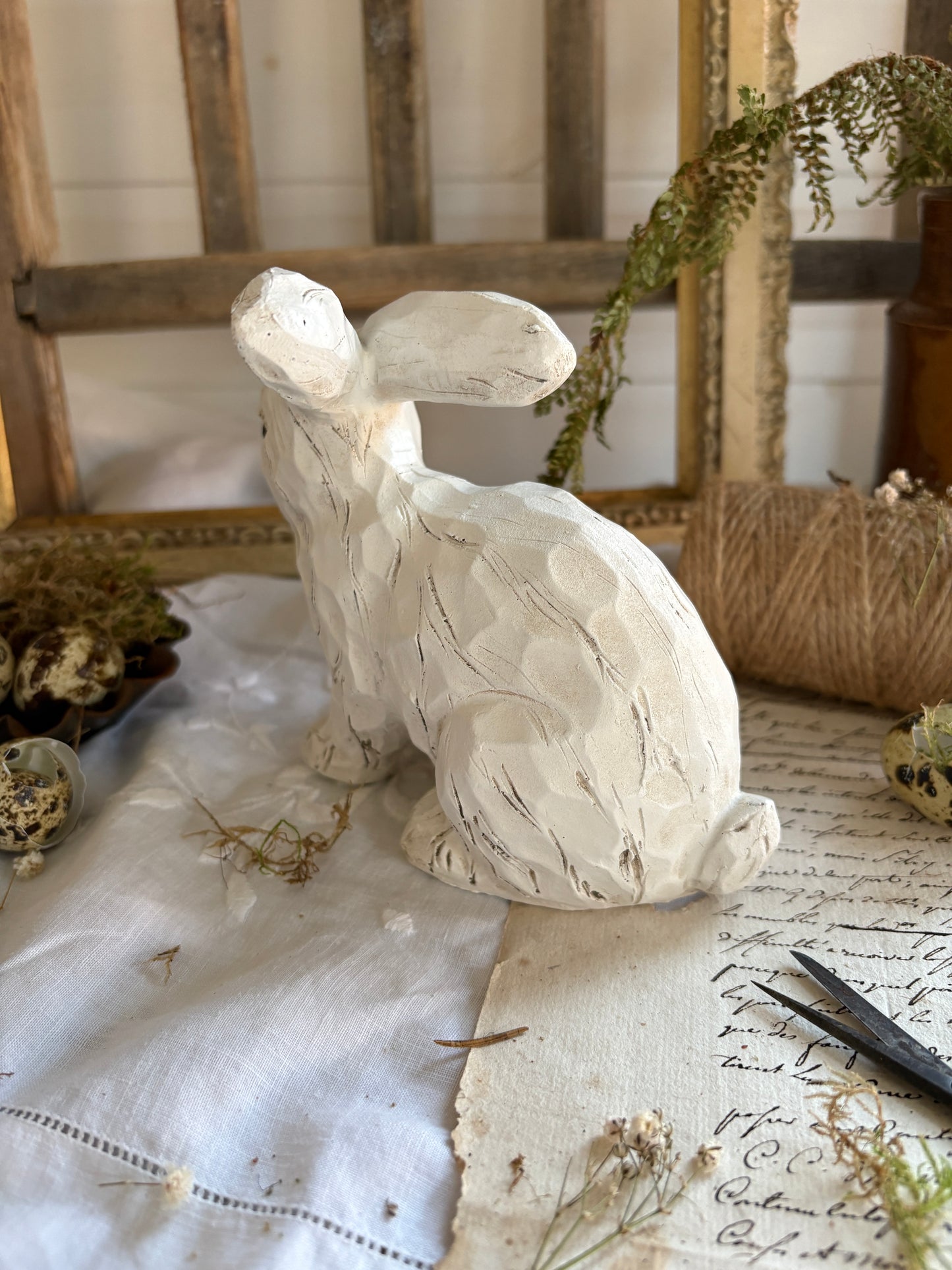 Pair of White Resin Rabbit Figurines