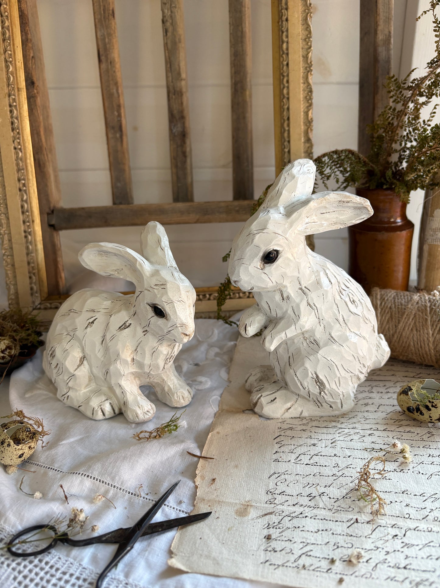 Pair of White Resin Rabbit Figurines