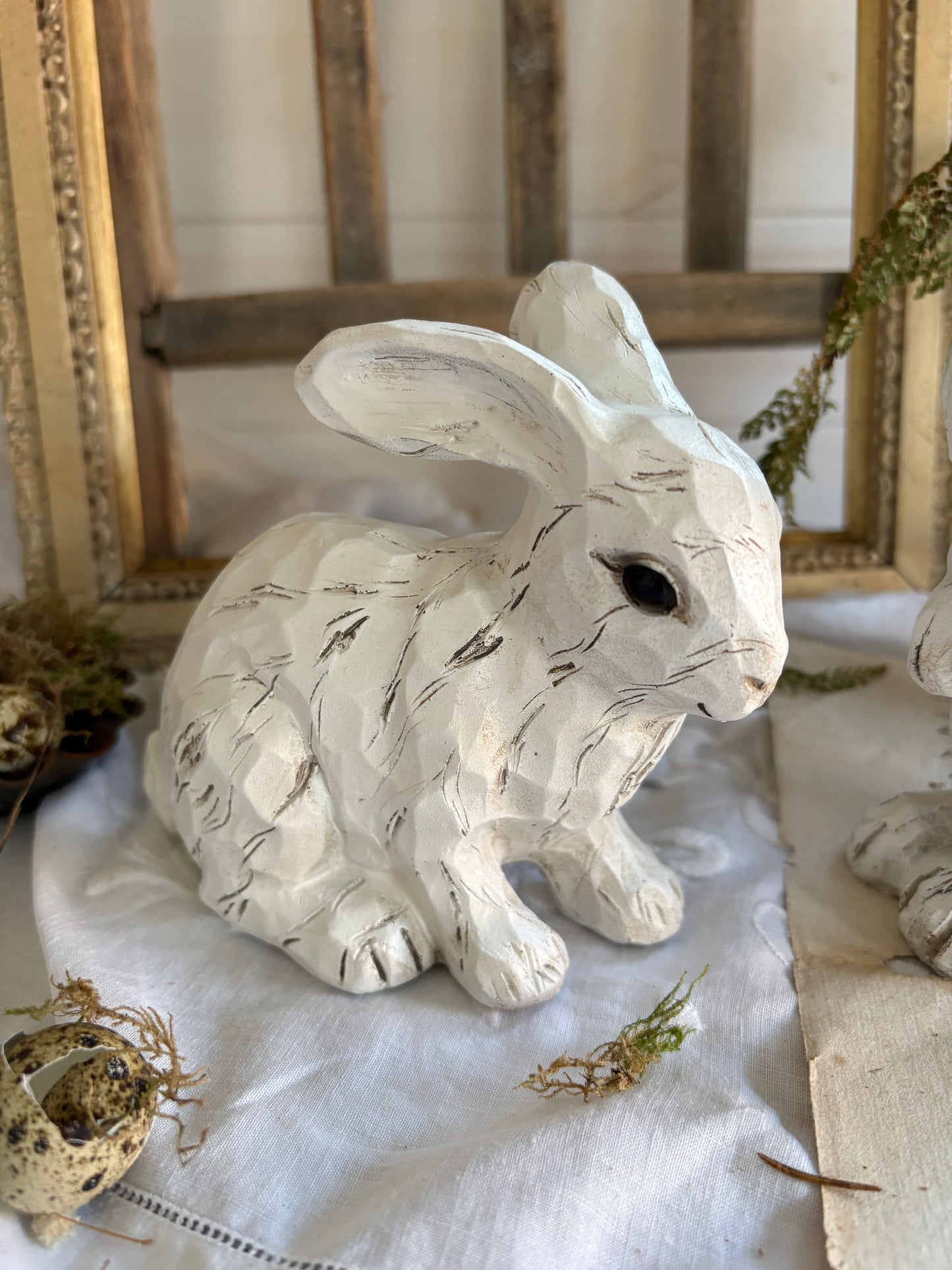Pair of White Resin Rabbit Figurines