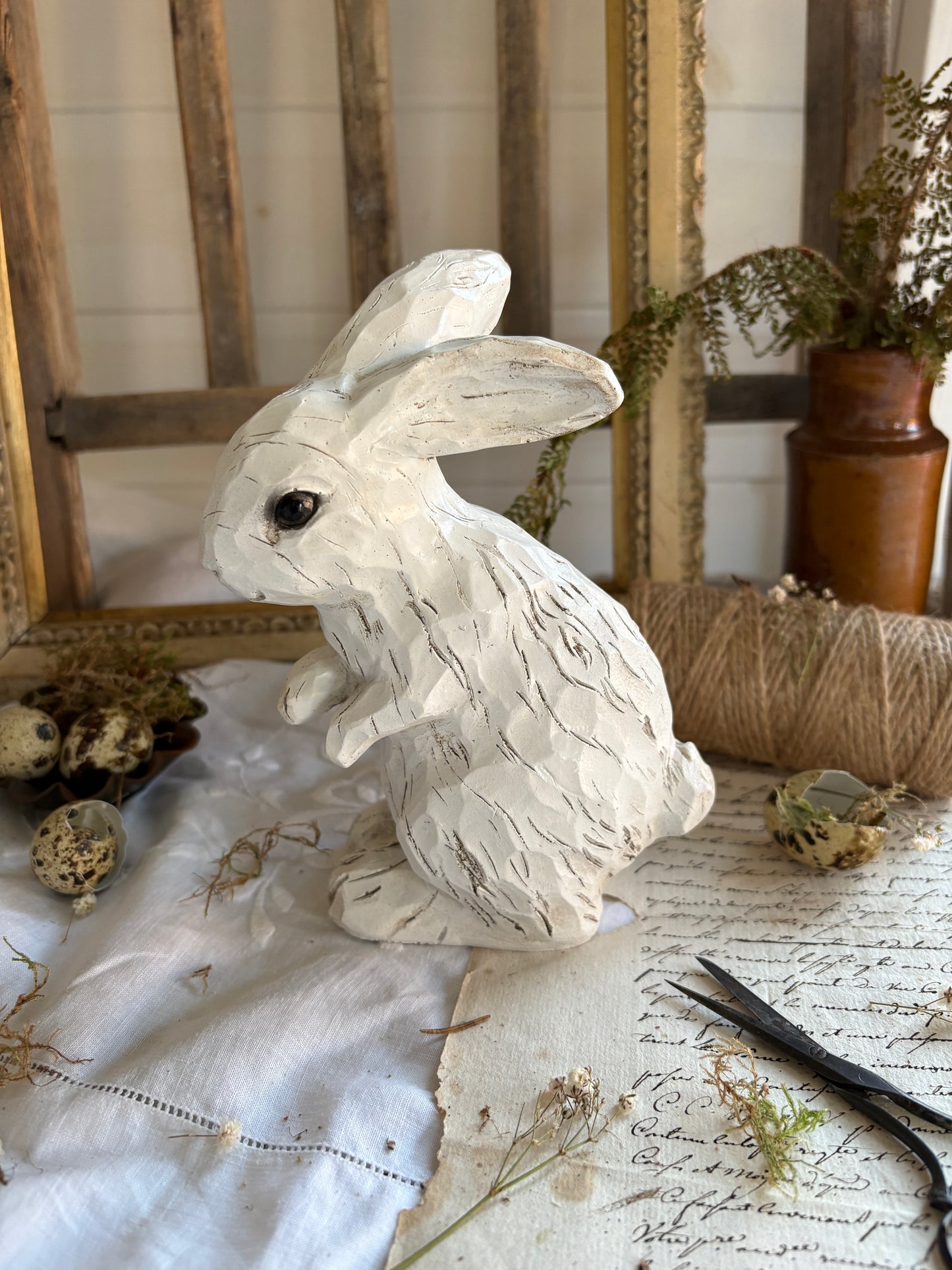 Pair of White Resin Rabbit Figurines