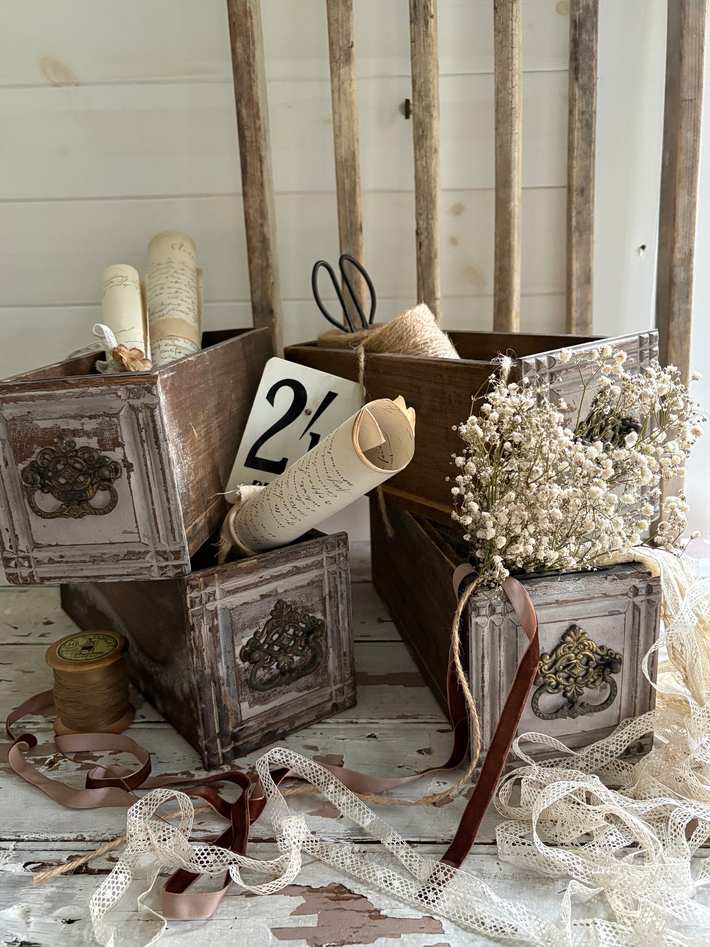 Vintage Wooden Drawer with Gold Filigree Handle