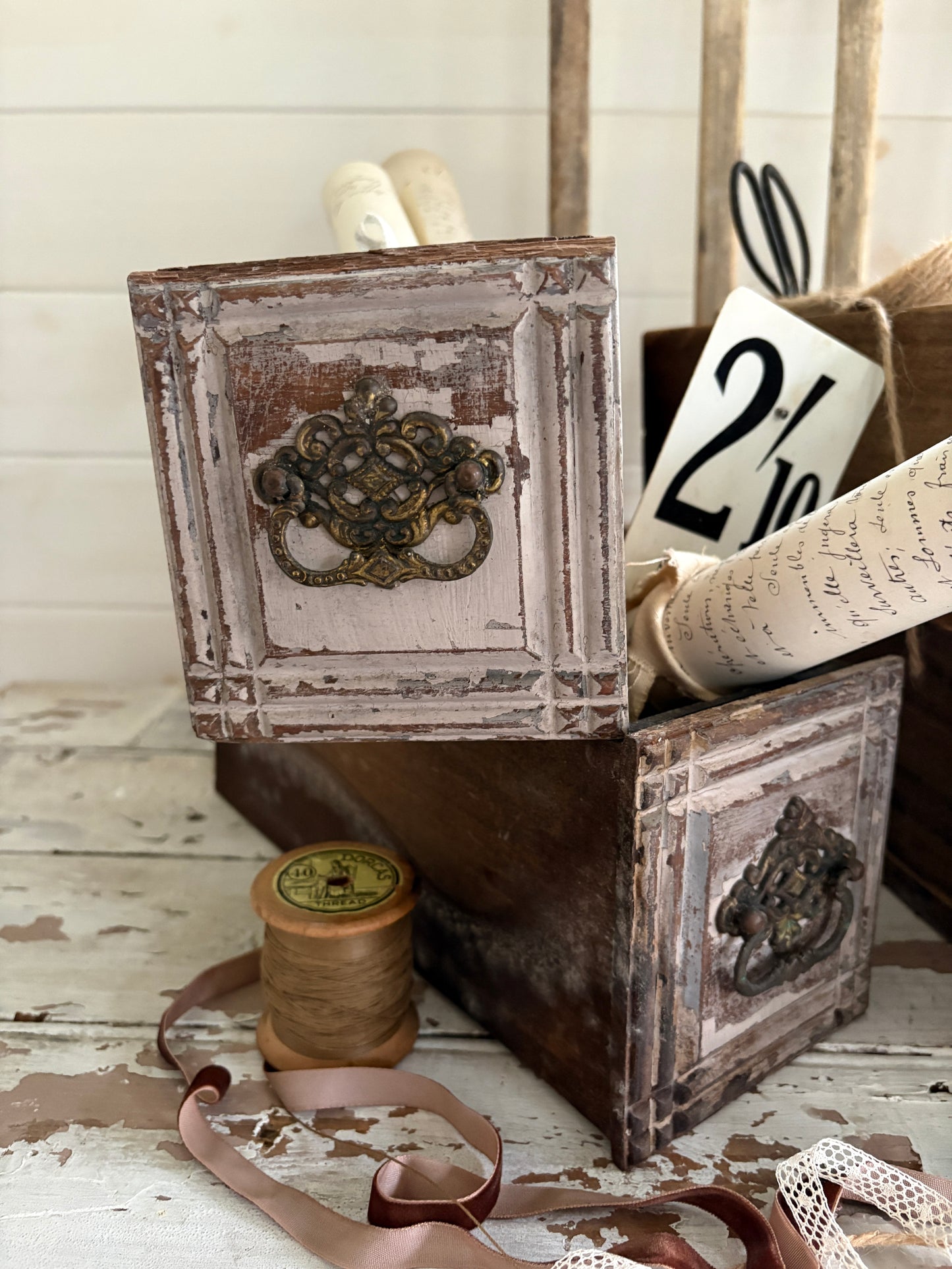 Vintage Wooden Drawer with Gold Filigree Handle