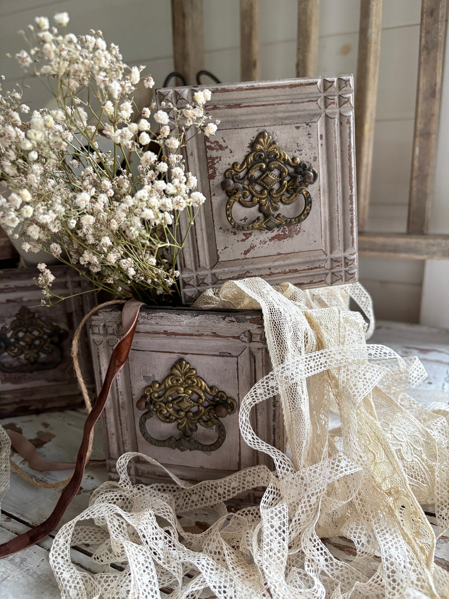 Vintage Wooden Drawer with Gold Filigree Handle