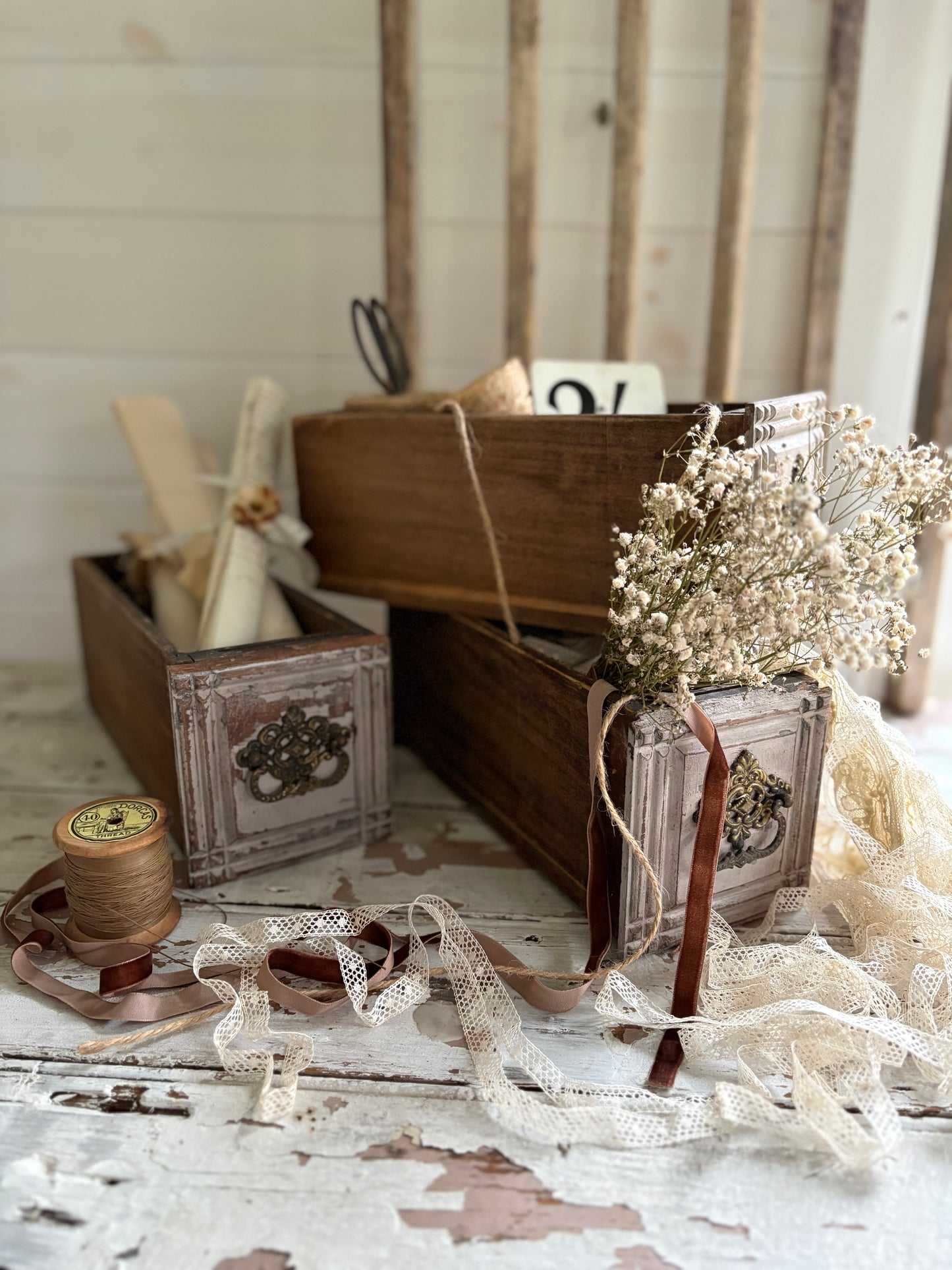 Vintage Wooden Drawer with Gold Filigree Handle