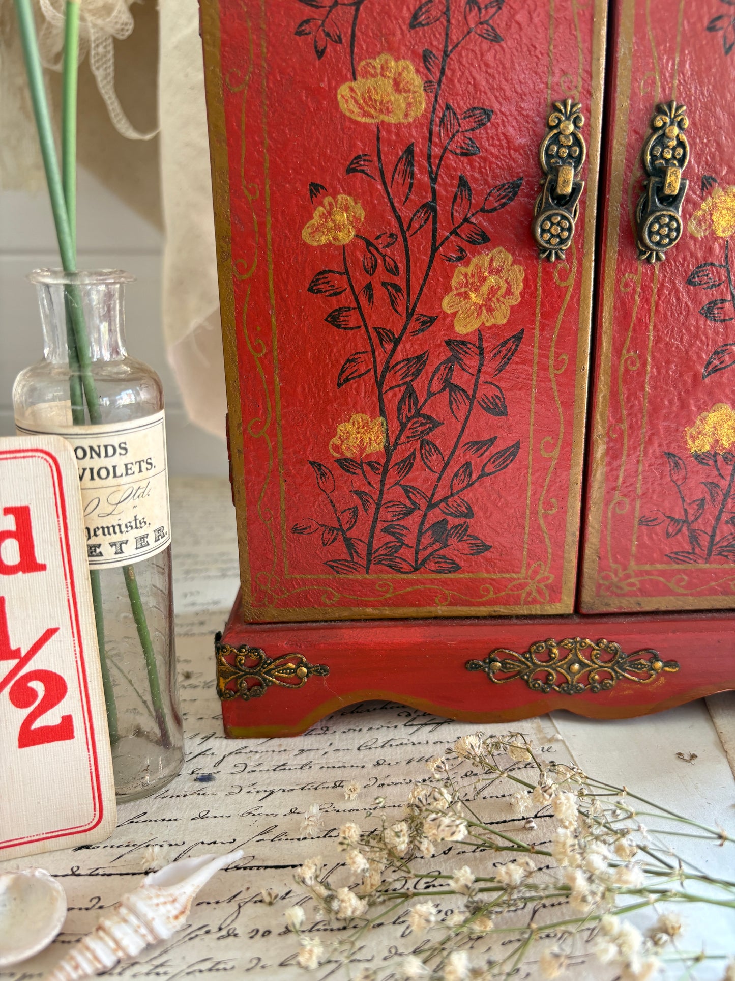 Red Hand Painted Display Cabinet