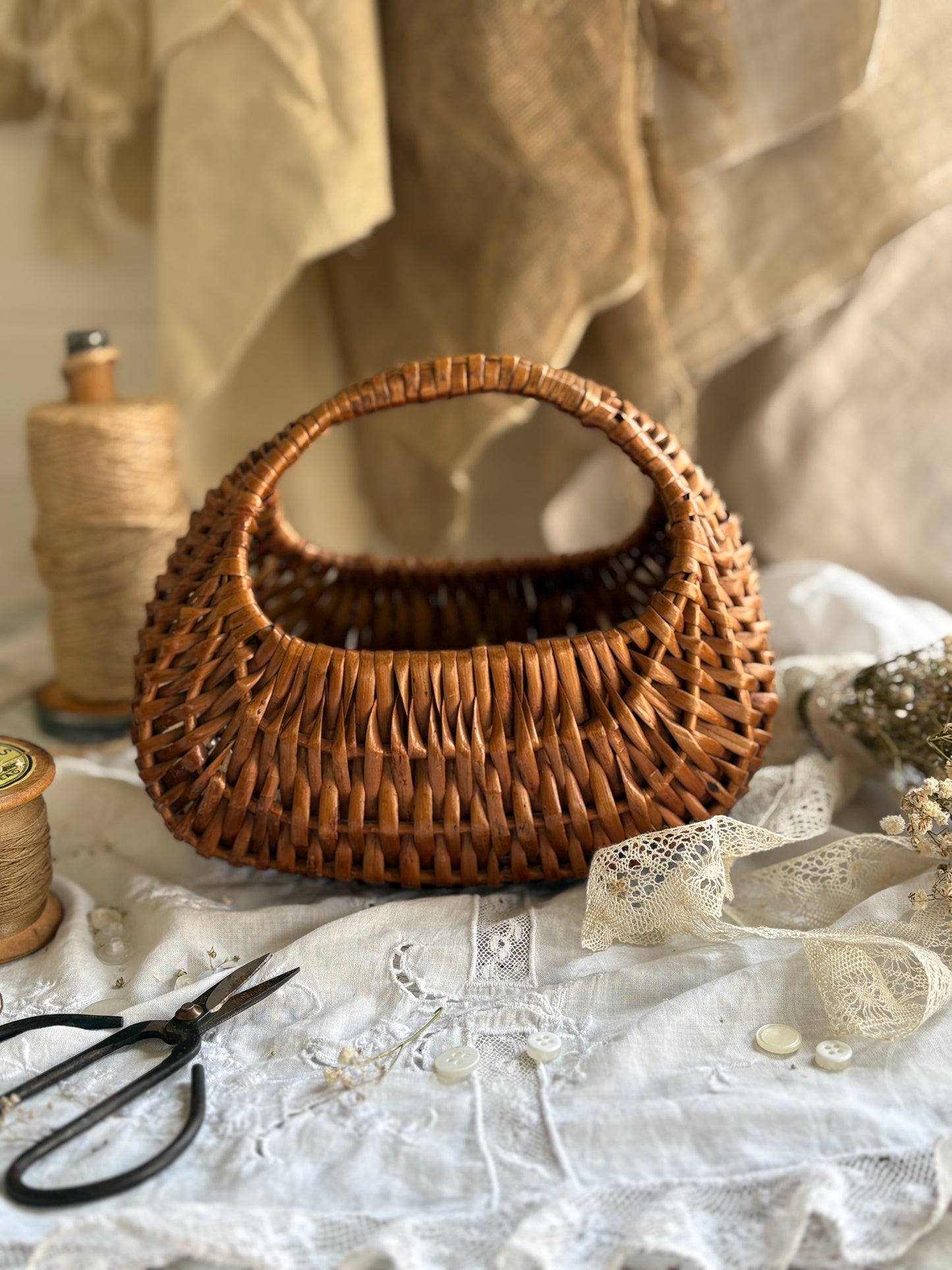 Vintage Child’s Gondola Shaped Wicker Basket with Handle